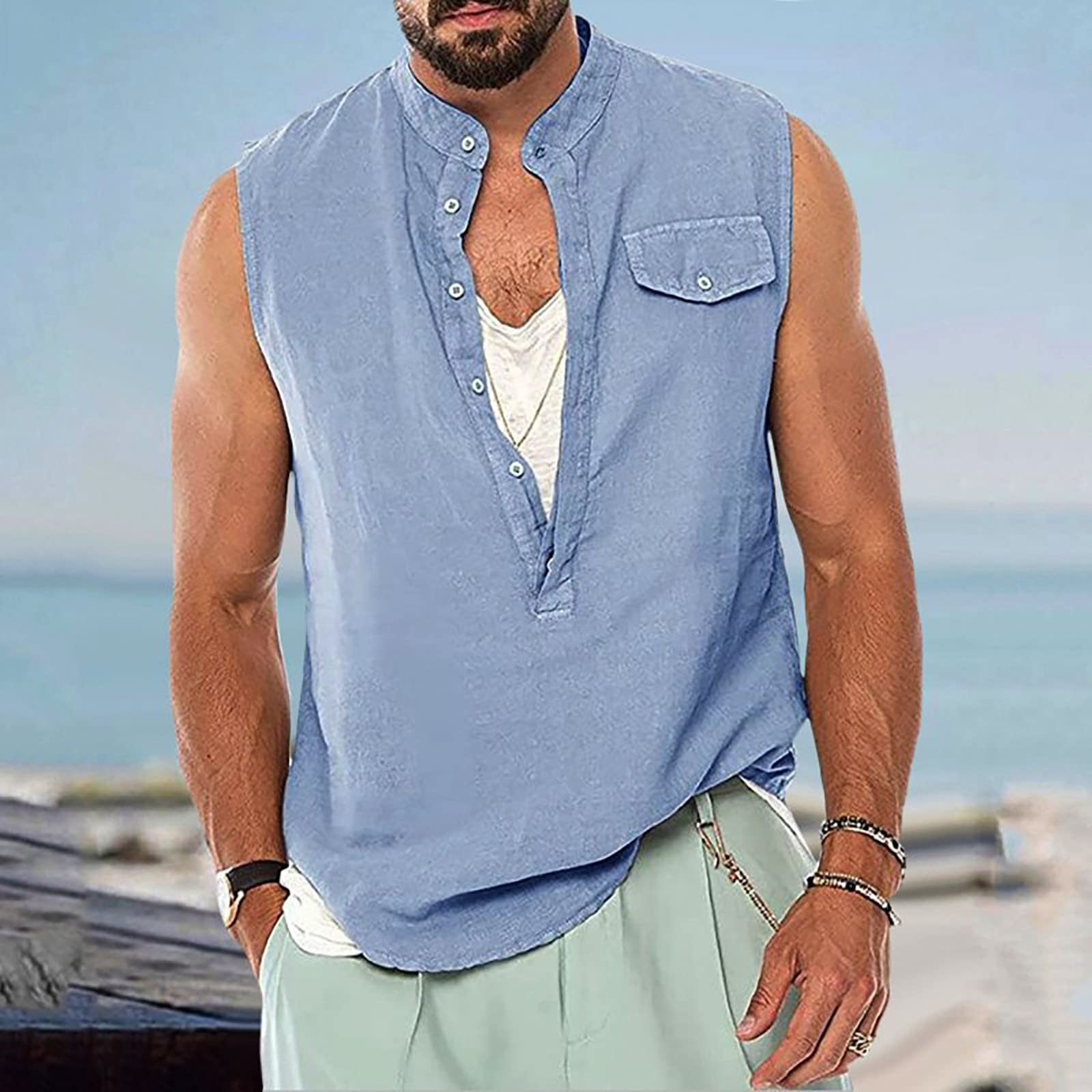 Men's Linen Cotton Sleeveless T-Shirt - Deep V Neck Tank Top with Button Down Design for Summer Beach, Hippie & Punk Style | Casual Wear, Music Festivals & Outdoor Activities