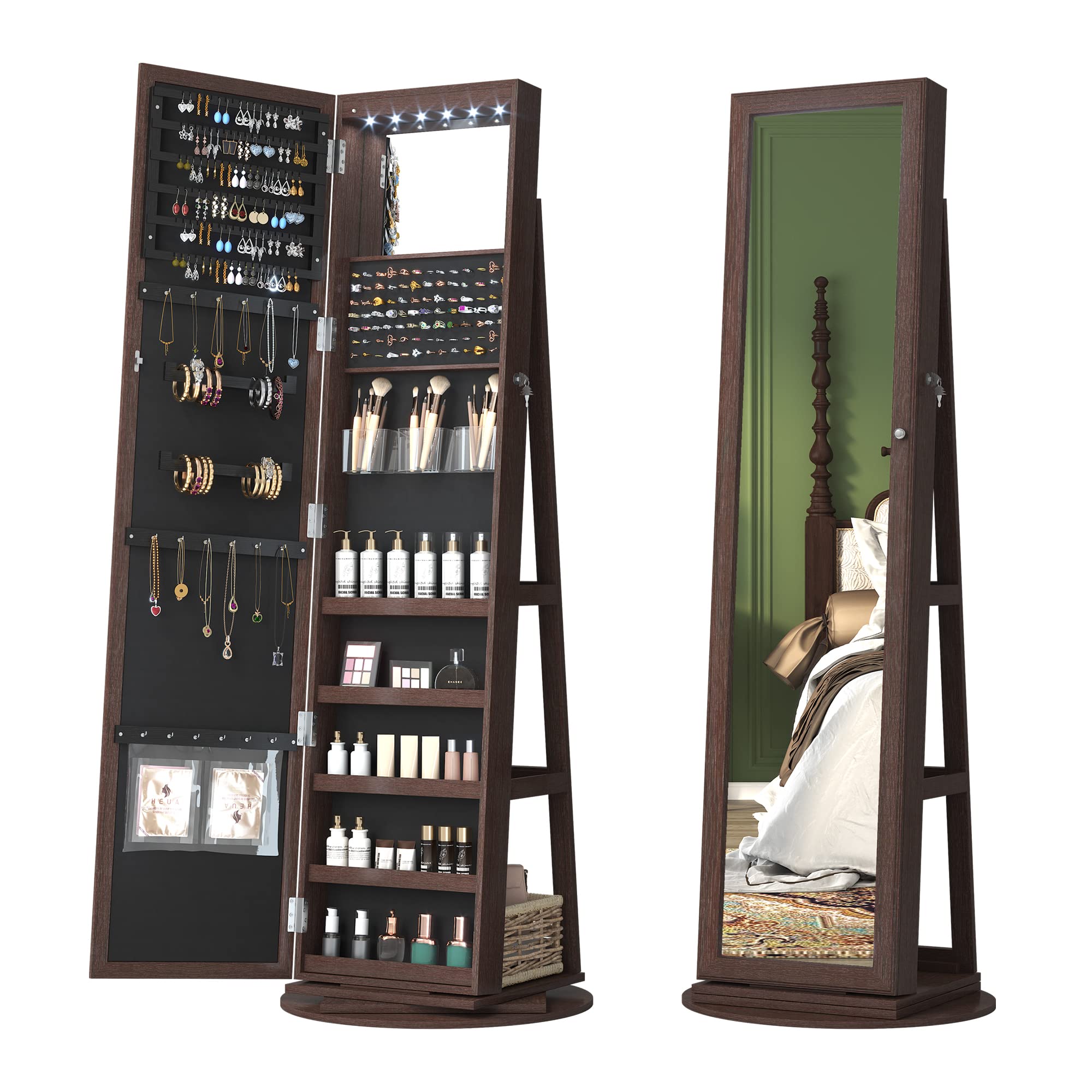 360° Swivel Jewelry Cabinet with Full-Length Mirror & Lockable Storage - Large Freestanding Jewelry Armoire Organizer with Mirror (Dark Brown) | Perfect for Bedroom, Closet & Dressing Room Organization