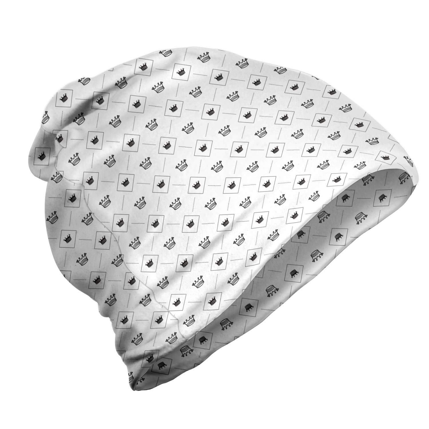 Ambesonne Unisex Beanie - Crown & Dots Pattern Black White - Warm Winter Hat for Men & Women - Perfect for Hiking, Outdoor Activities & Cold Weather Fashion