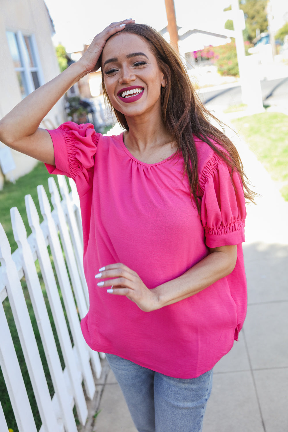 Perfectly You Solid Fuchsia Silk Shirred Cap Short Sleeve Blouse for Women | Elegant Casual & Office Wear | Summer Fashion Top