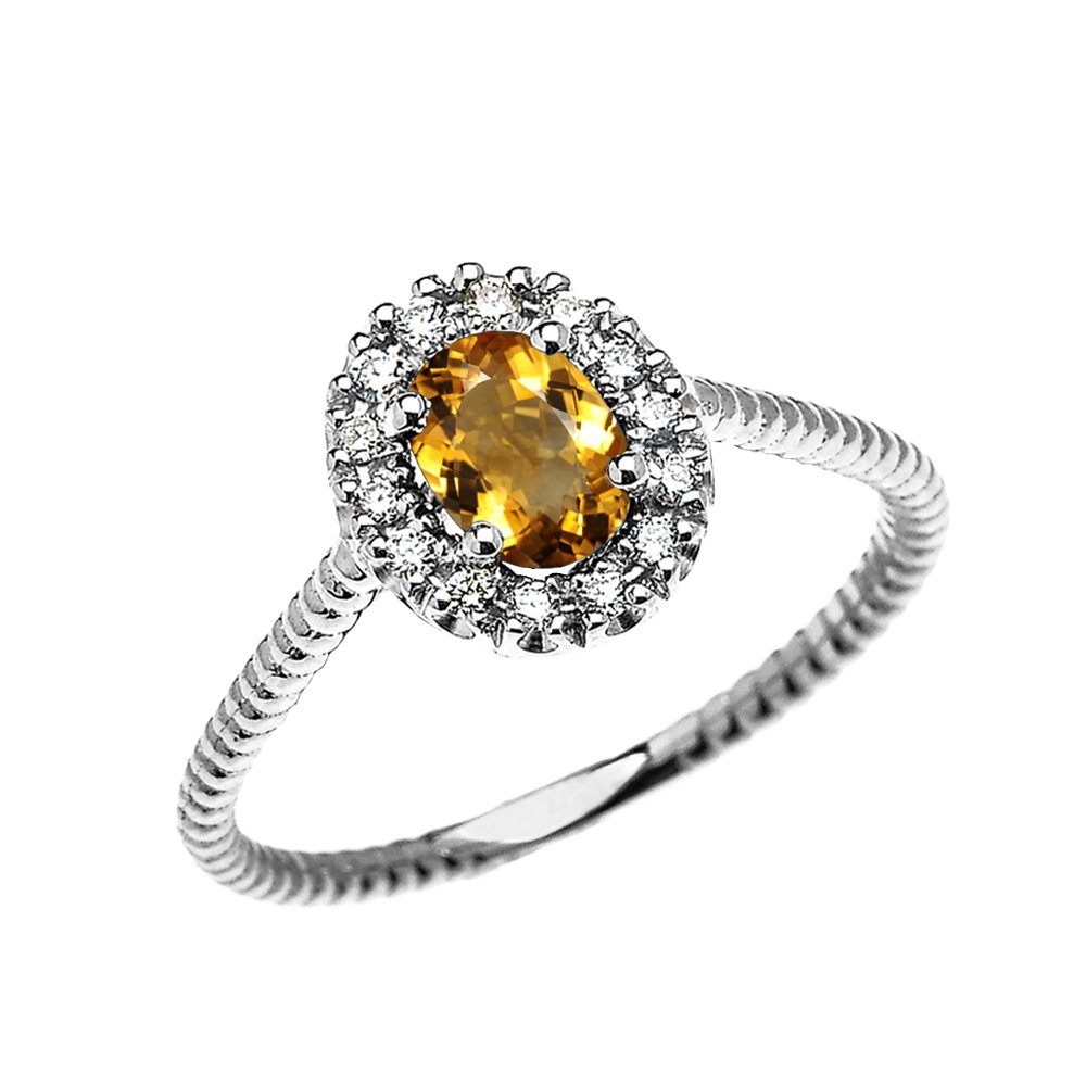 14K White Gold Dainty Oval Halo Diamond & Citrine Solitaire Rope Design Engagement Ring | Promise Ring for Women | Perfect for Proposals, Anniversaries & Special Occasions