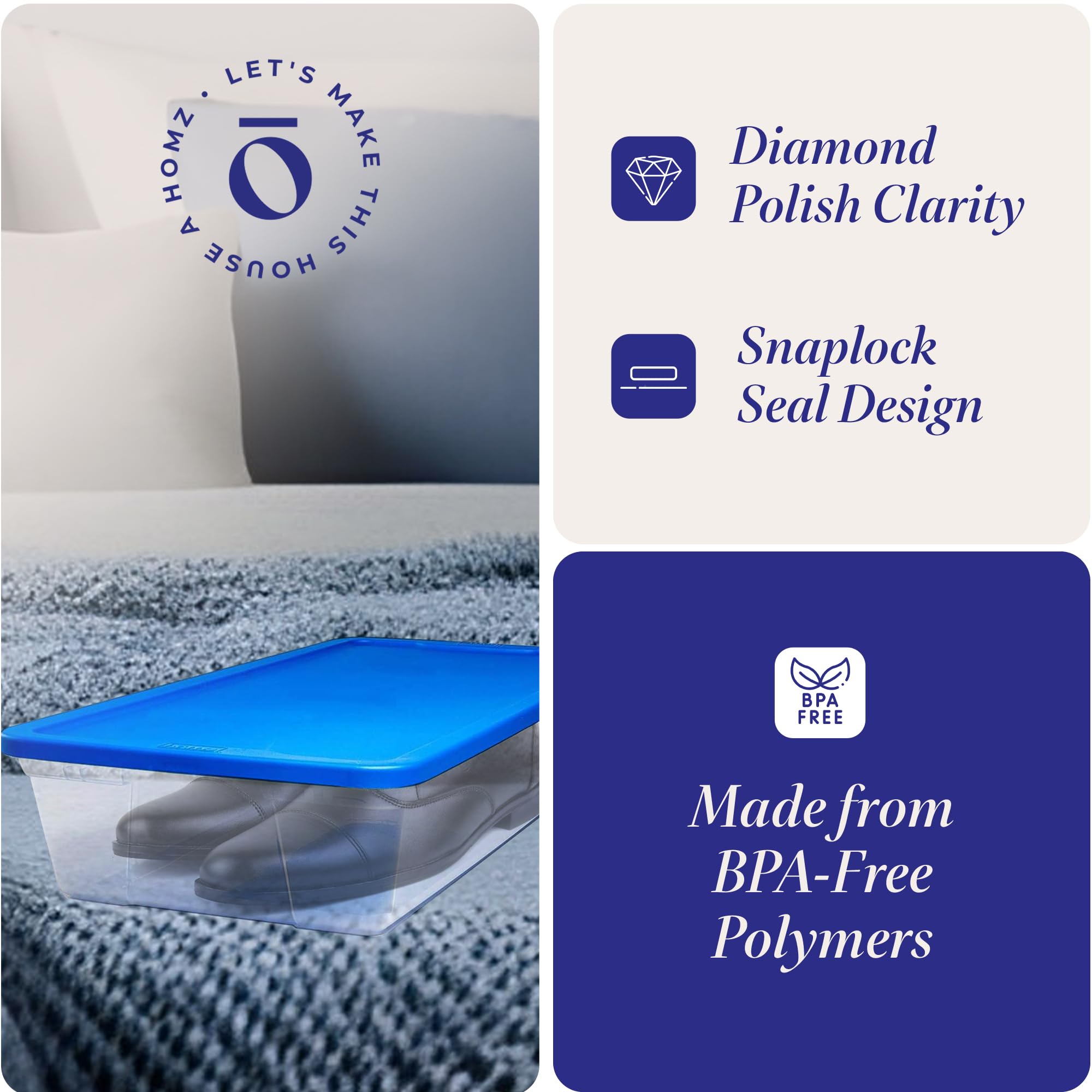 HOMZ 4-Pack Large Clear Plastic Storage Bins with Secure Lids - 41 Quart Organizing Containers for Home, Office & Closet Storage - Stackable & Durable Blue Bins for Clothes, Toys & Seasonal Items