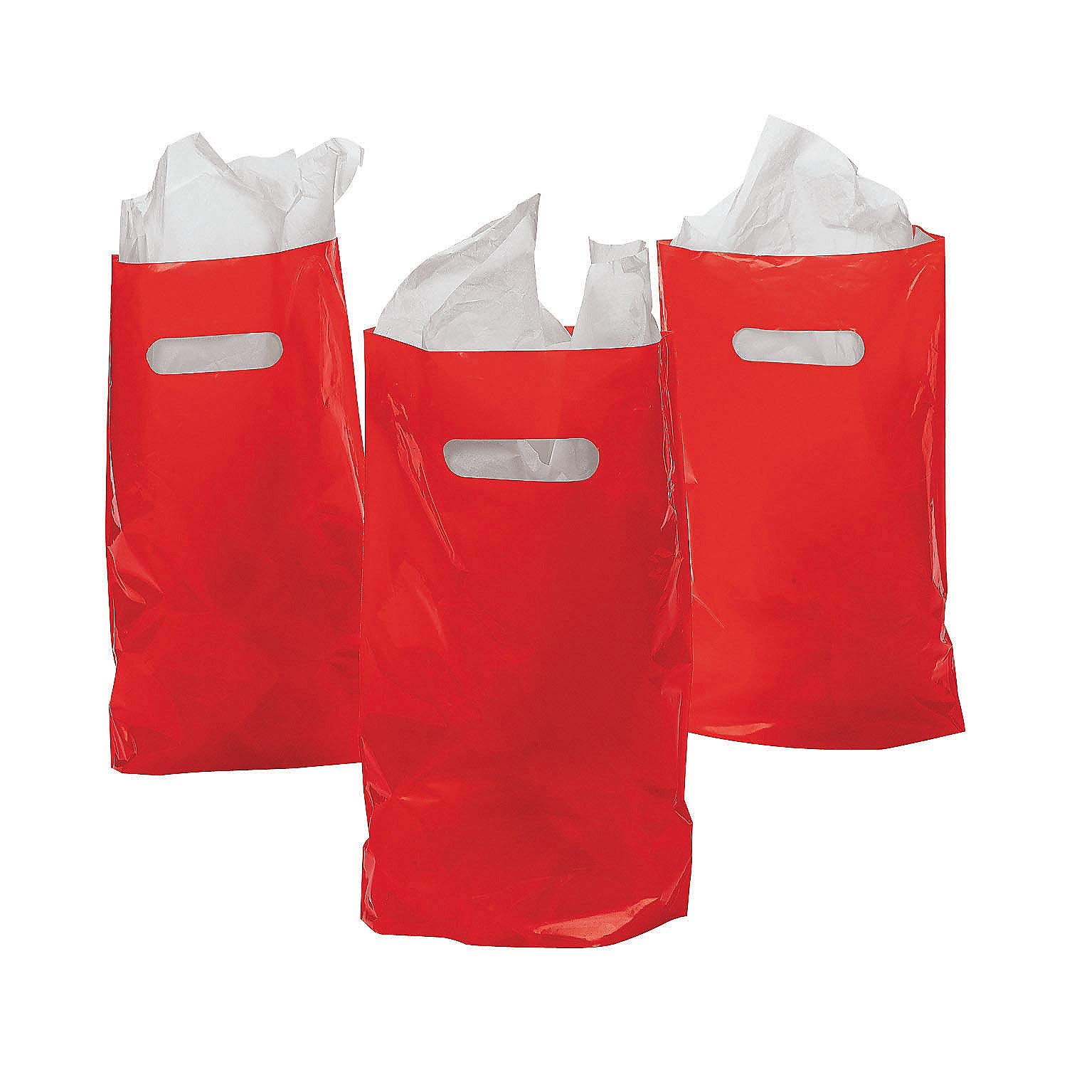 Fun Express 50-Pack Red Plastic Party Bags - Bulk Disposable Gift Bags for Birthdays, Weddings & Events - 50 Count