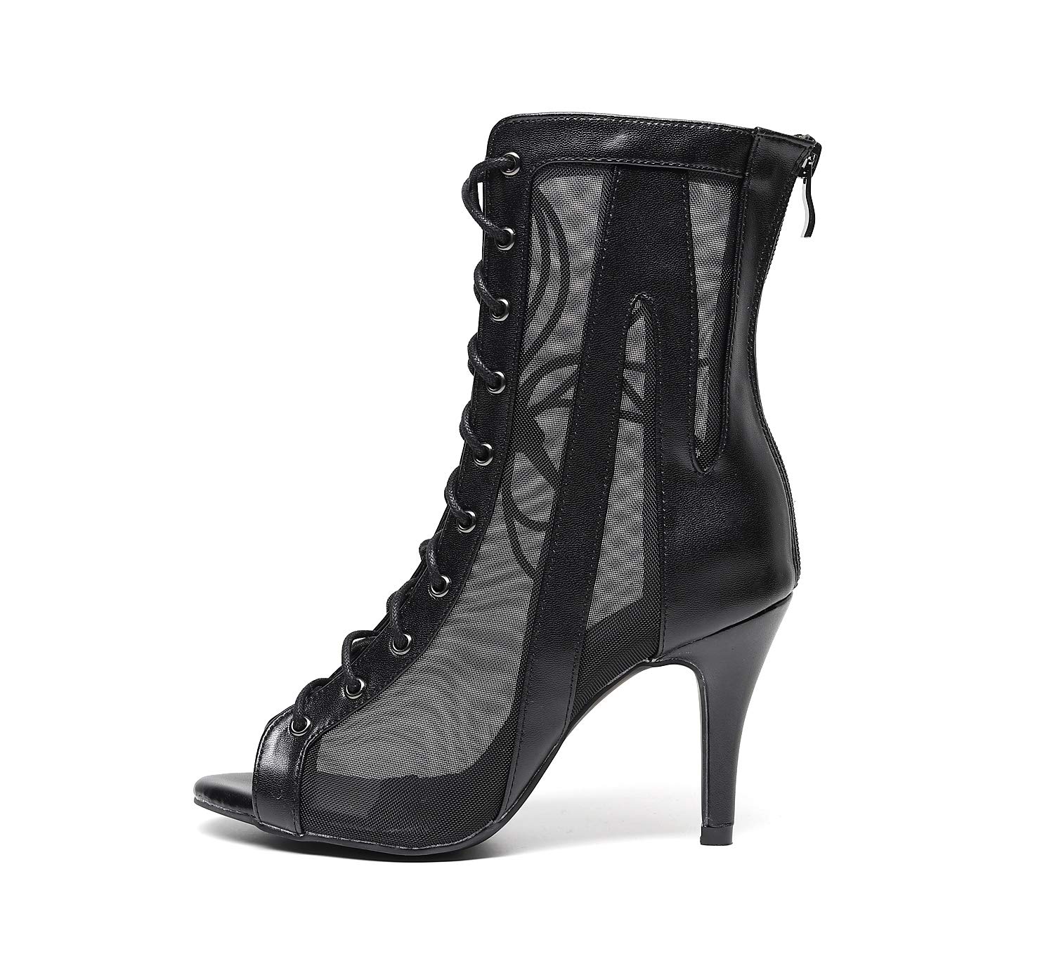 Sexy Black Open Toe Dance Boots for Women - 3.35 Inch High Heel Microfiber Net Dance Shoes | Perfect for Latin, Salsa, Tango & Nightclub Performances