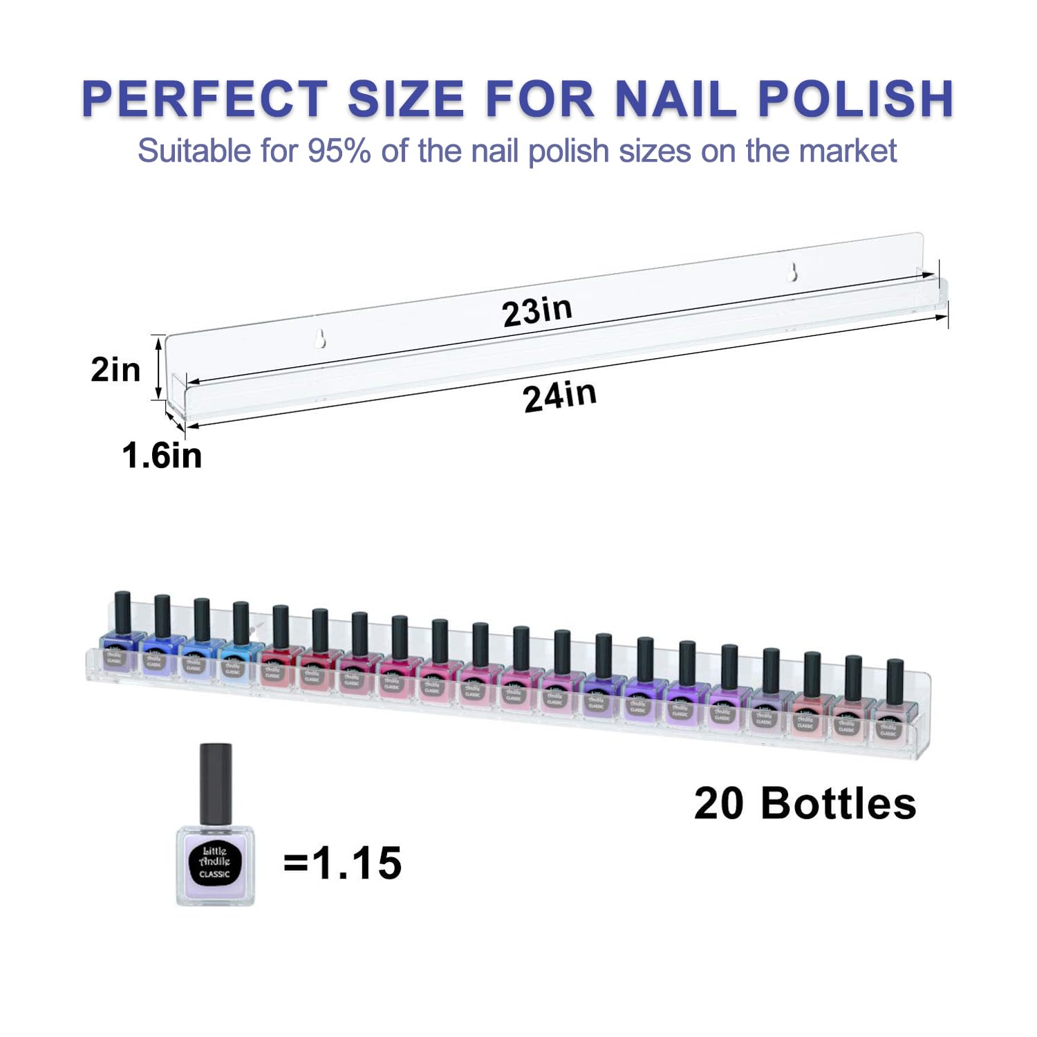 FEMELI 24 Inch Clear Acrylic Nail Polish Wall Rack with 6 Shelves - Holds 130-180 Bottles, Nail Polish Organizer for Salon, Home & Professional Use - Perfect for Nail Artists, DIY Enthusiasts & Beauty Storage