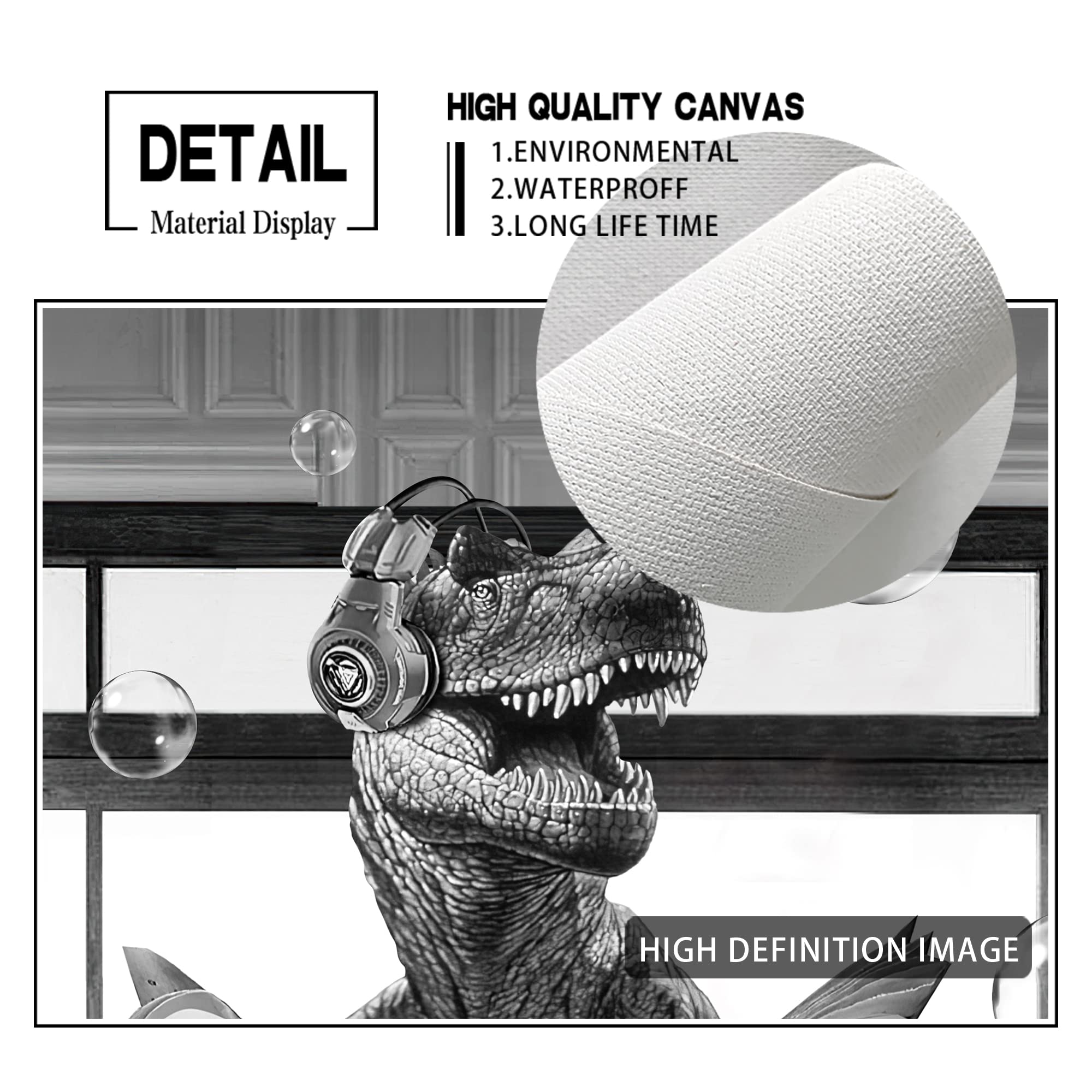 Funny Black and White Dinosaur Wall Art - Modern Farmhouse Bathroom Decor for Kids, Framed Dinosaur Painting Poster 12x16 Inch - Perfect for Nursery, Playroom & Kids Bathroom Wall Decoration