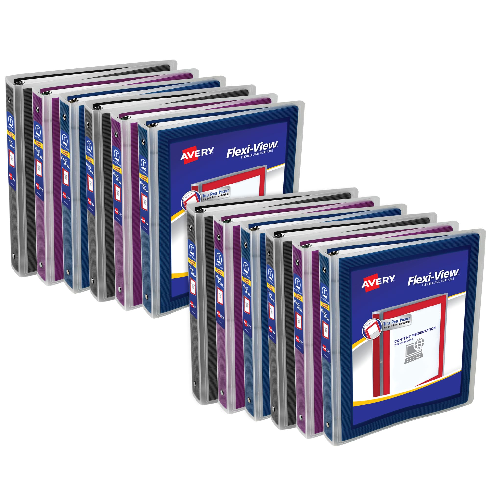 Avery Flexi-View 3 Ring Binders 1 Inch Round Rings - 12 Pack (Black, Burgundy, Navy Blue) - Durable School & Office Supplies for Organizing Documents, Reports & Presentations
