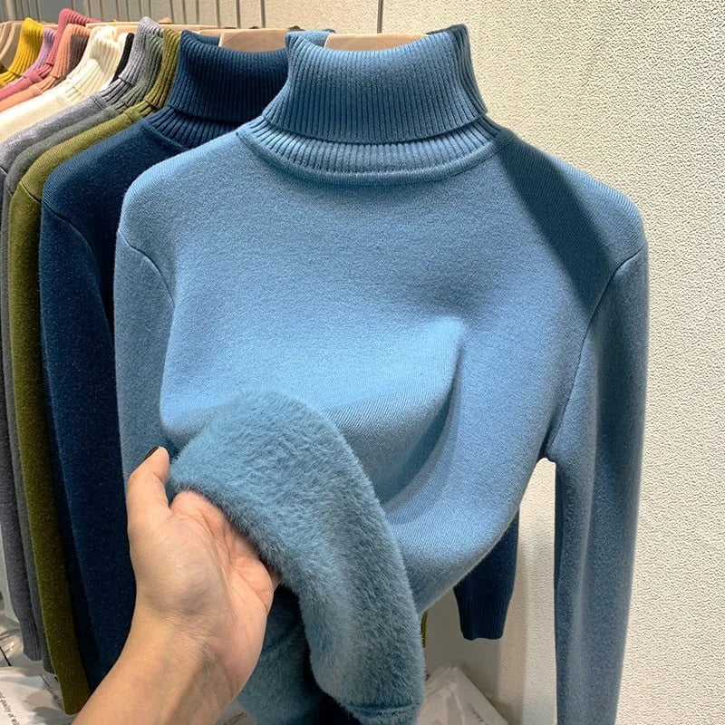 Women's Thick Velvet Turtleneck Sweater - Warm Winter Pullover for Casual Outfits & Holiday Parties