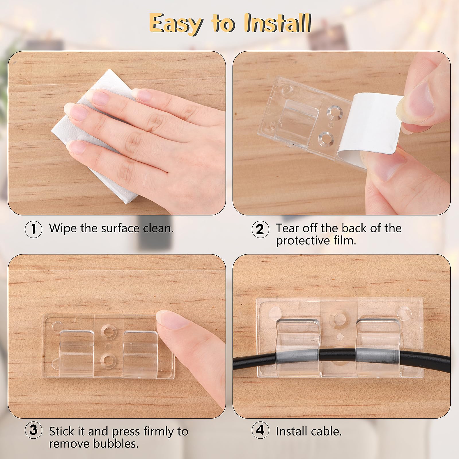 24 Pack Clear Adhesive Outdoor Light Hooks - Heavy Duty String Light Clips for Hanging Lights, Wire Cord Holder for Patio, Garden, Deck & Christmas Decorations - Weatherproof & Easy to Install