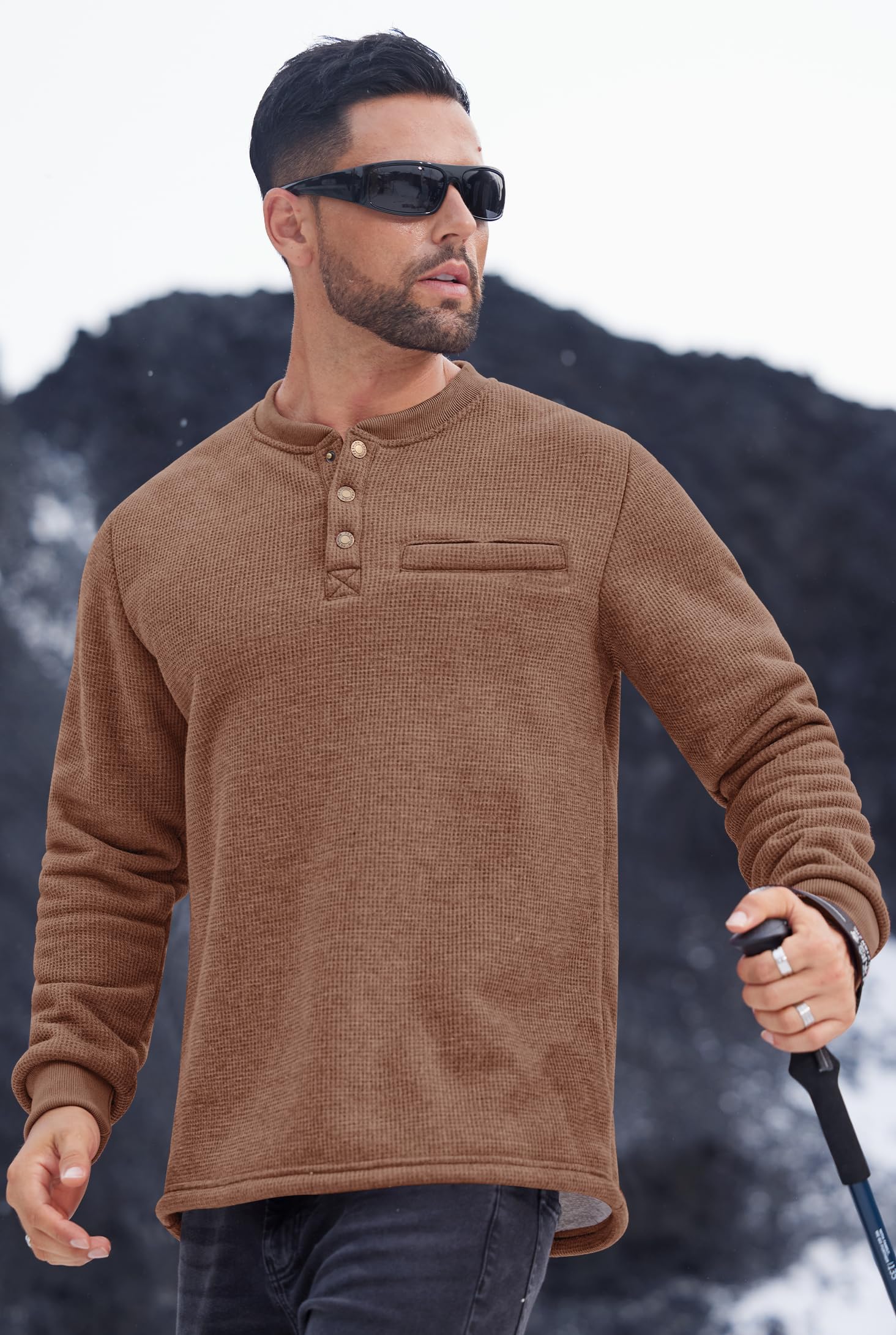 Men's Sherpa Lined Waffle Henley Long Sleeve Thermal Pullover - Winter Casual Shirt (S-XXL) | Warm Fleece Lined Top for Outdoor Activities & Cozy Indoor Wear