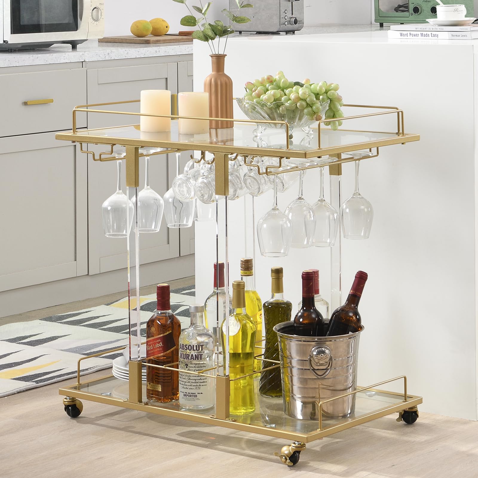 2-Tier Chrome Rolling Bar Cart with Wine Rack & Acrylic Shelves - Clear Lucite Serving Cart on Wheels for Home Bar, Kitchen, Living Room & Party Entertaining | Perfect for Cocktail Making, Wine Storage & Dessert Display