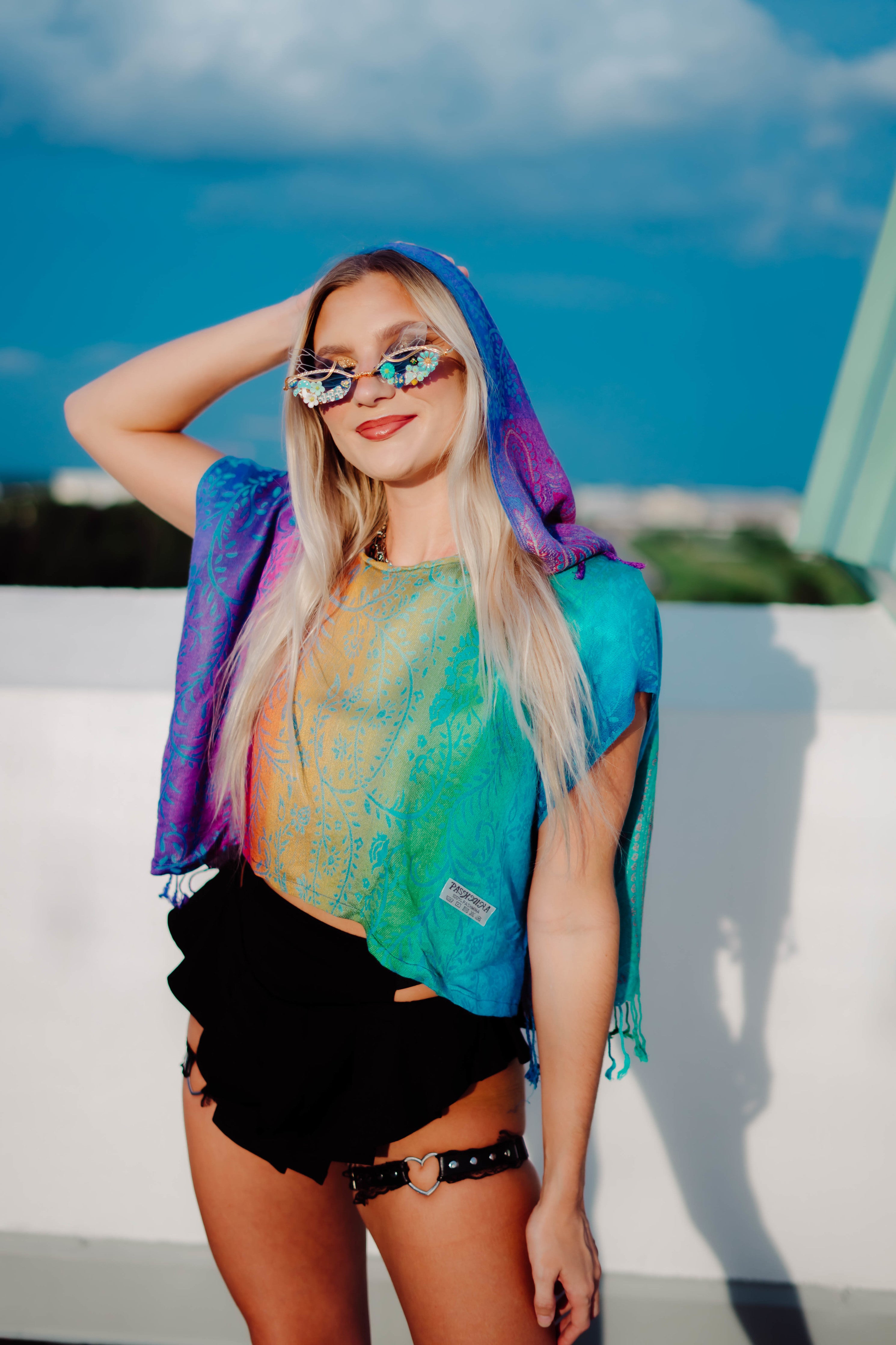 Rainbow Pashmina Hooded Crop Top for Women - Soft & Stylish Fashion Hoodie - Perfect for Casual Outfits, Layering, and Fall/Winter Wear