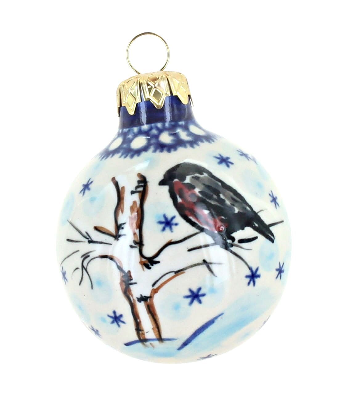 Blue Rose Polish Pottery Christmas Ornament - Hand-Painted Blustery Winter Morning Design - Small Holiday Decoration for Tree, Gift, or Home Décor