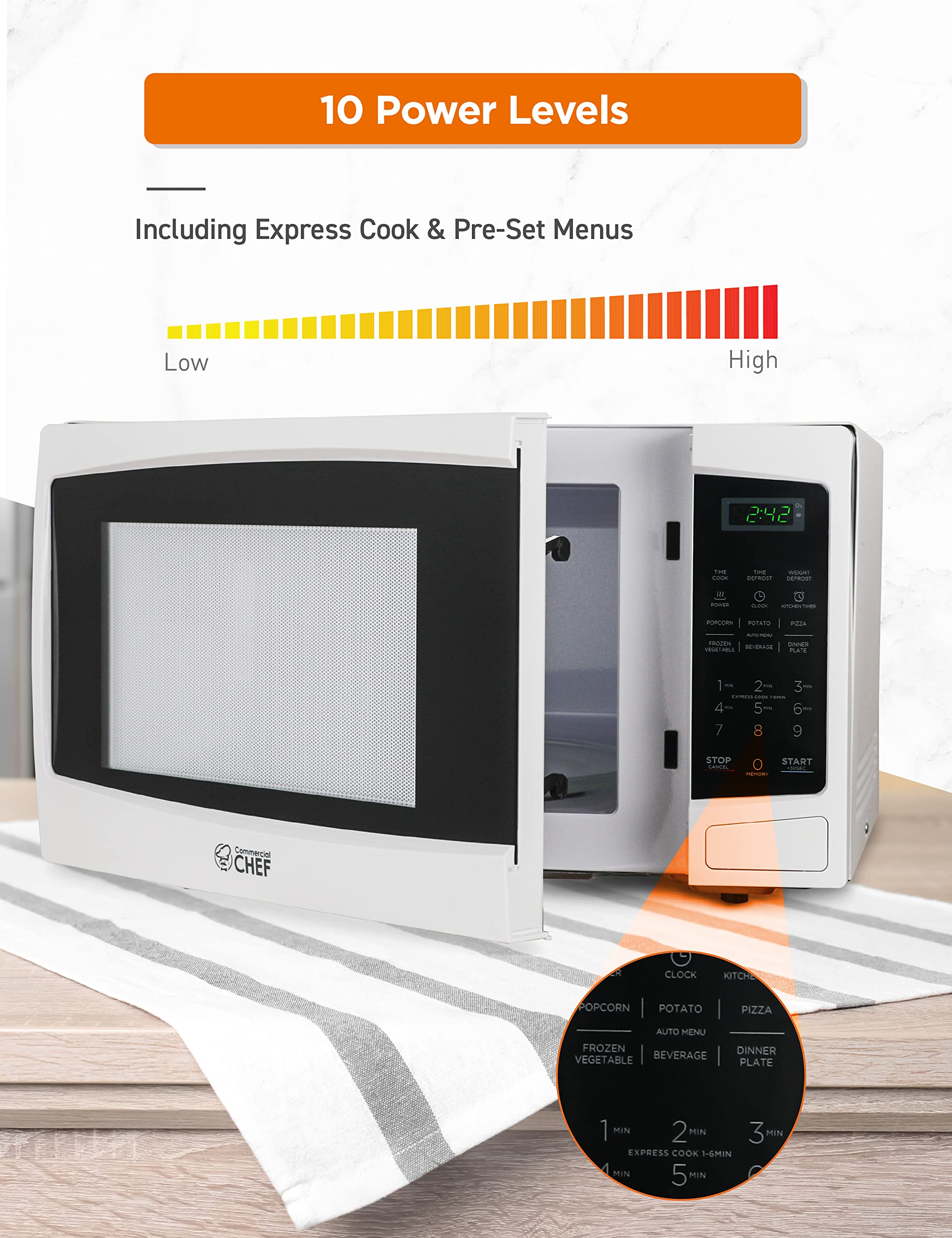 Commercial Chef 1.1 Cu Ft 1000W Countertop Microwave Oven - 10 Power Levels, Push Button Door Lock, Digital Controls & Turntable - Perfect for Home Kitchen, Office, Dorm & Small Spaces (White)