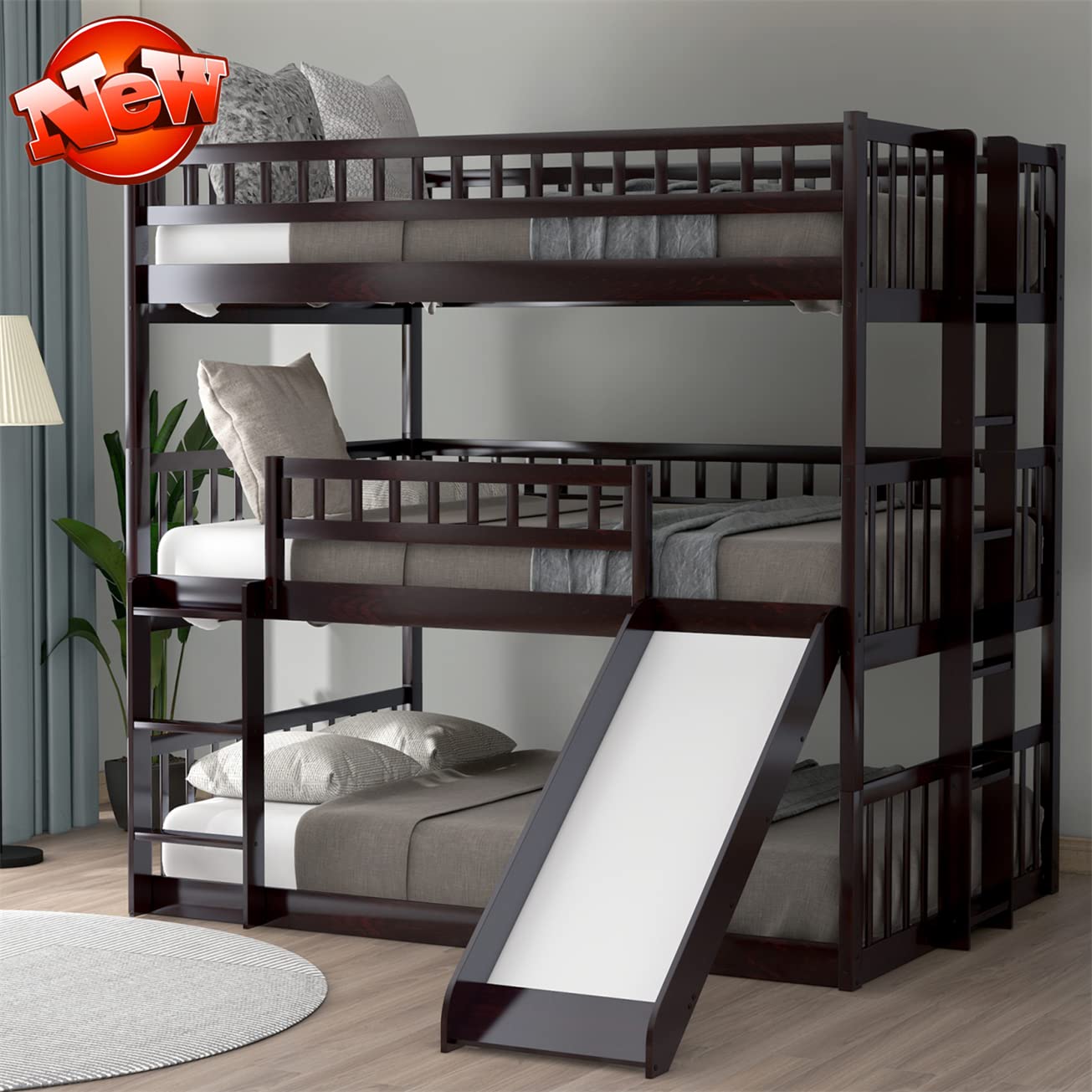 Sturdy Triple Bunk Bed for Kids with Slide - Solid Wood, Convertible Design for Bedroom & Playroom
