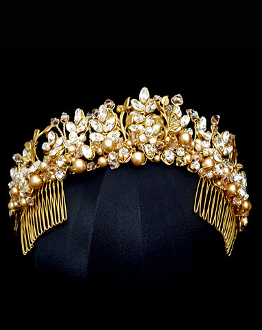 Elegant Pearl & Crystal Leaf Wedding Crown by Kezani - Bridal Tiara for Weddings, Prom, Pageants & Special Occasions