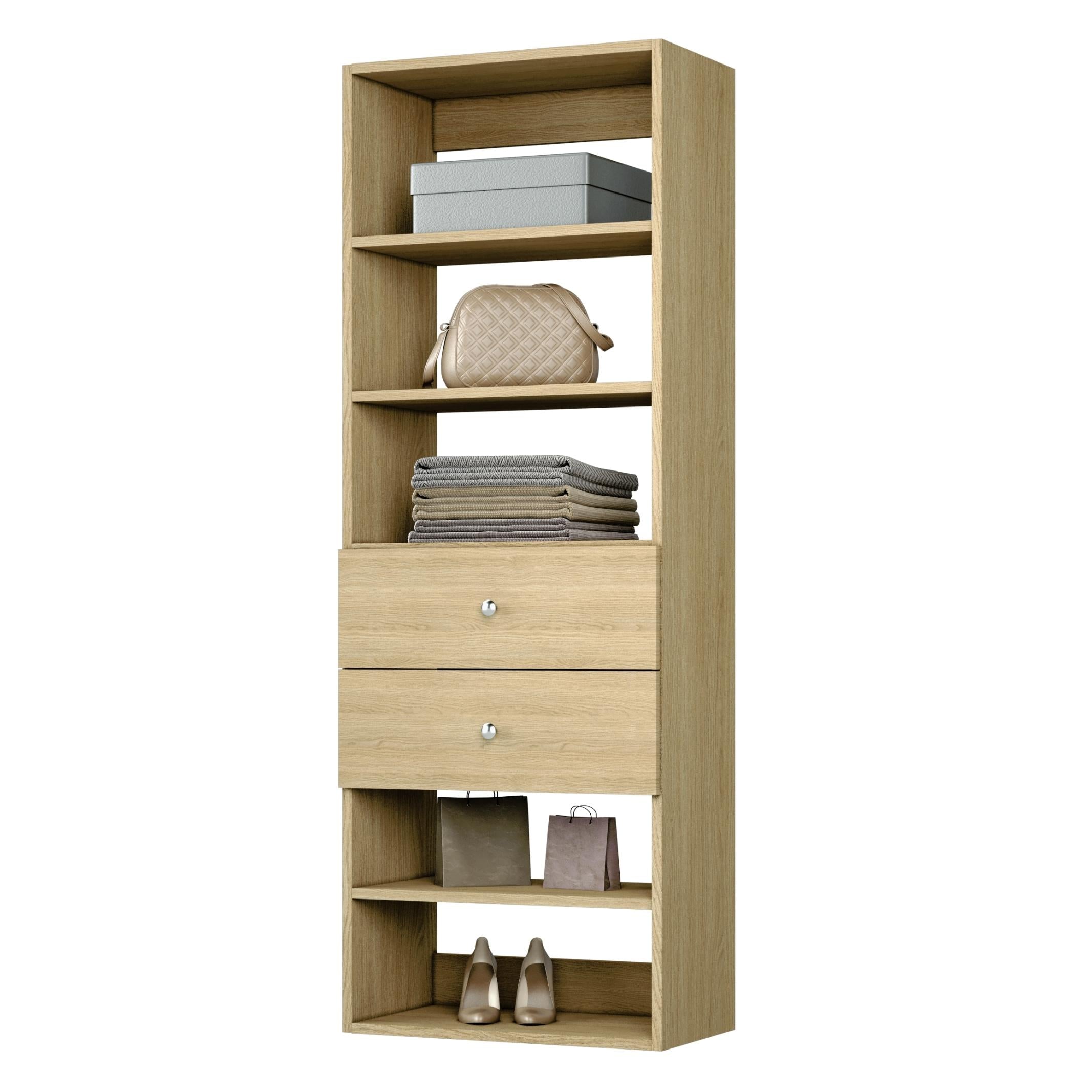 Vista 2 Drawer Shelf Tower - Space Saving Storage Organizer for Bedroom, Office & Closet | Modern Multi-Purpose Shelving Unit with Drawers for Home Organization