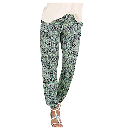 Women's Printed High Waist Boho Beach Pants with Pockets - Casual Long Trousers for Summer, Travel & Outdoor Activities (Green-7, Size S)
