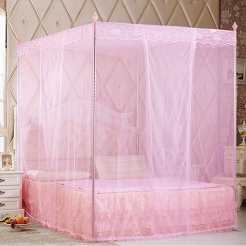 Elegant Pink King Size Mosquito Net for 4 Poster Bed - Romantic Lace Canopy Bed Curtain with Square Design for Fly Protection | Perfect for Master Bedroom, Nursery, or Outdoor Glamping