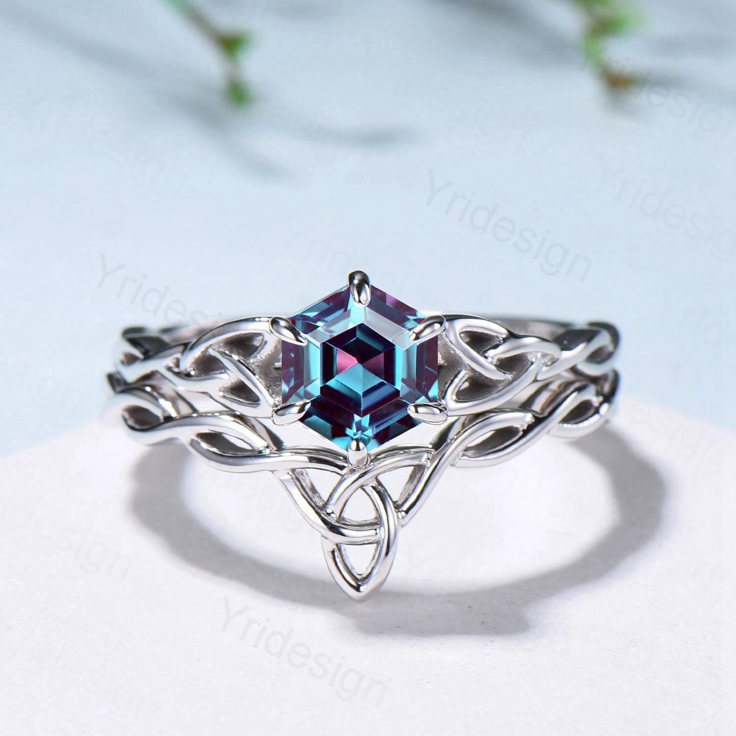 Viking Wedding Ring Set - Celtic Knot Lab Alexandrite Engagement & Wedding Band (June Birthstone) - Unique 2-Piece Twisted Bridal Jewelry Set for Norse-Inspired Weddings & Anniversary Gifts