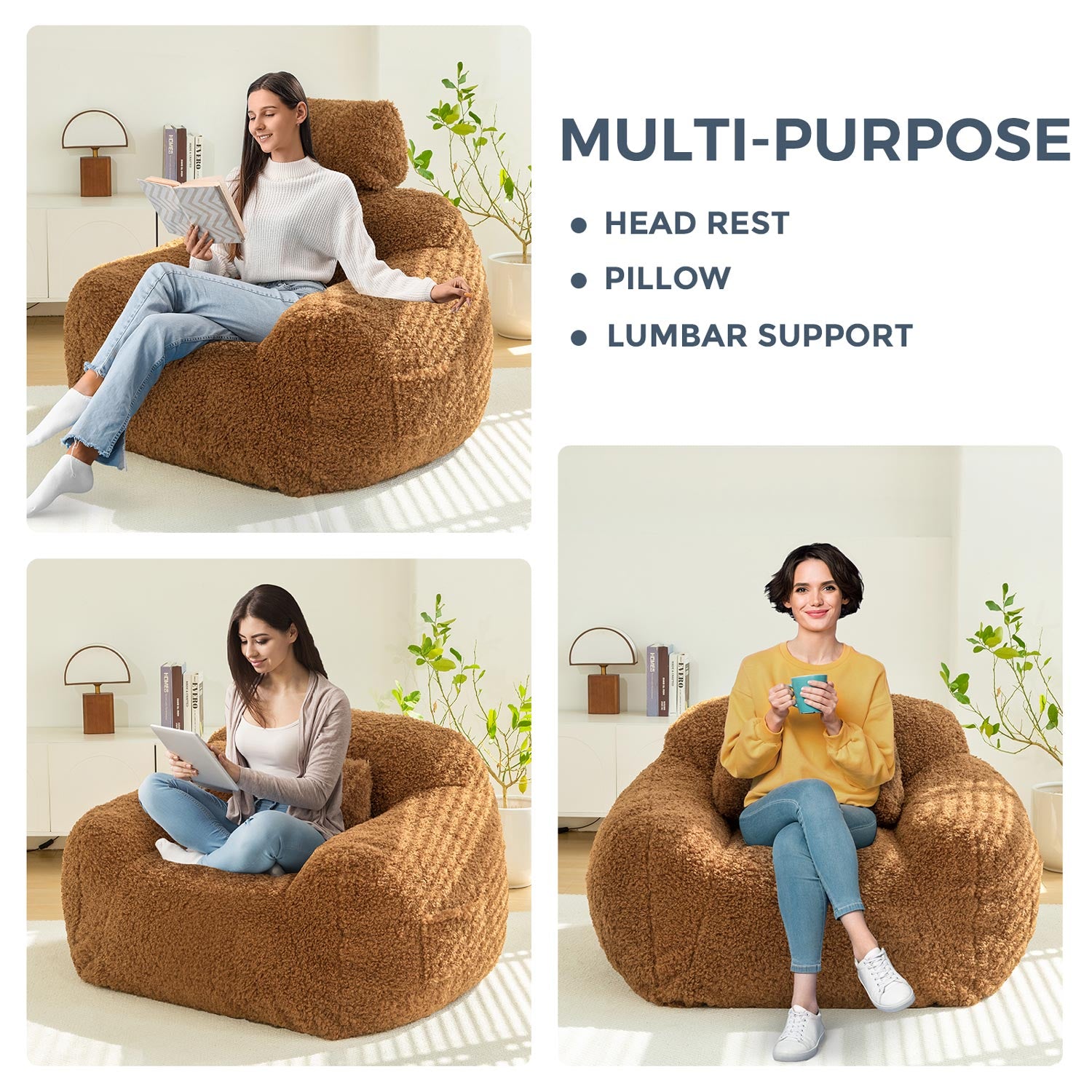 MAXYOYO Large Wool Bean Bag Chair with Pillow - Ultra Comfortable Lounge Chair for Adults, Perfect for Reading, Gaming & Relaxing in Living Room, Bedroom or Dorm