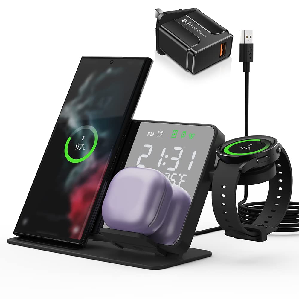 3-in-1 Wireless Charging Station for Samsung Galaxy Watch 6/5/5Pro & Galaxy S24/S23/A15/A55 Phones & Galaxy Buds - Fast Charging Stand with Digital Alarm Clock - Perfect for Bedside, Office Desk & Travel