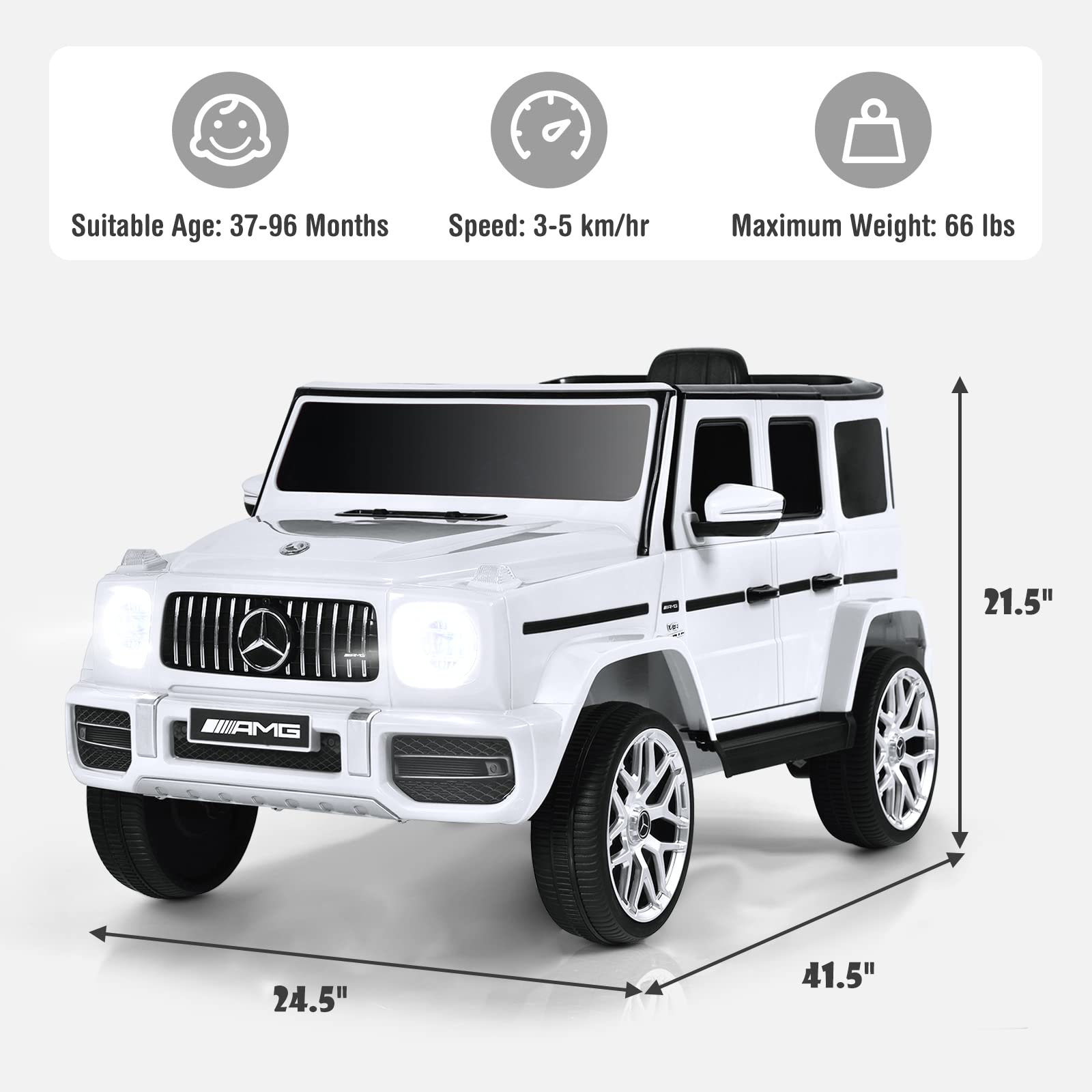 **OLAKIDS 12V Kids Ride On Car - Licensed Mercedes Benz G63 Electric Vehicle with Remote Control, Double Open Doors, Music, Bluetooth, 2 Speeds & Wheels Suspension - Battery Powered Driving Toy for Boys & Girls (White) - Perfect for Indoor & Outdoor Play, Birthday Gifts & Family Fun**