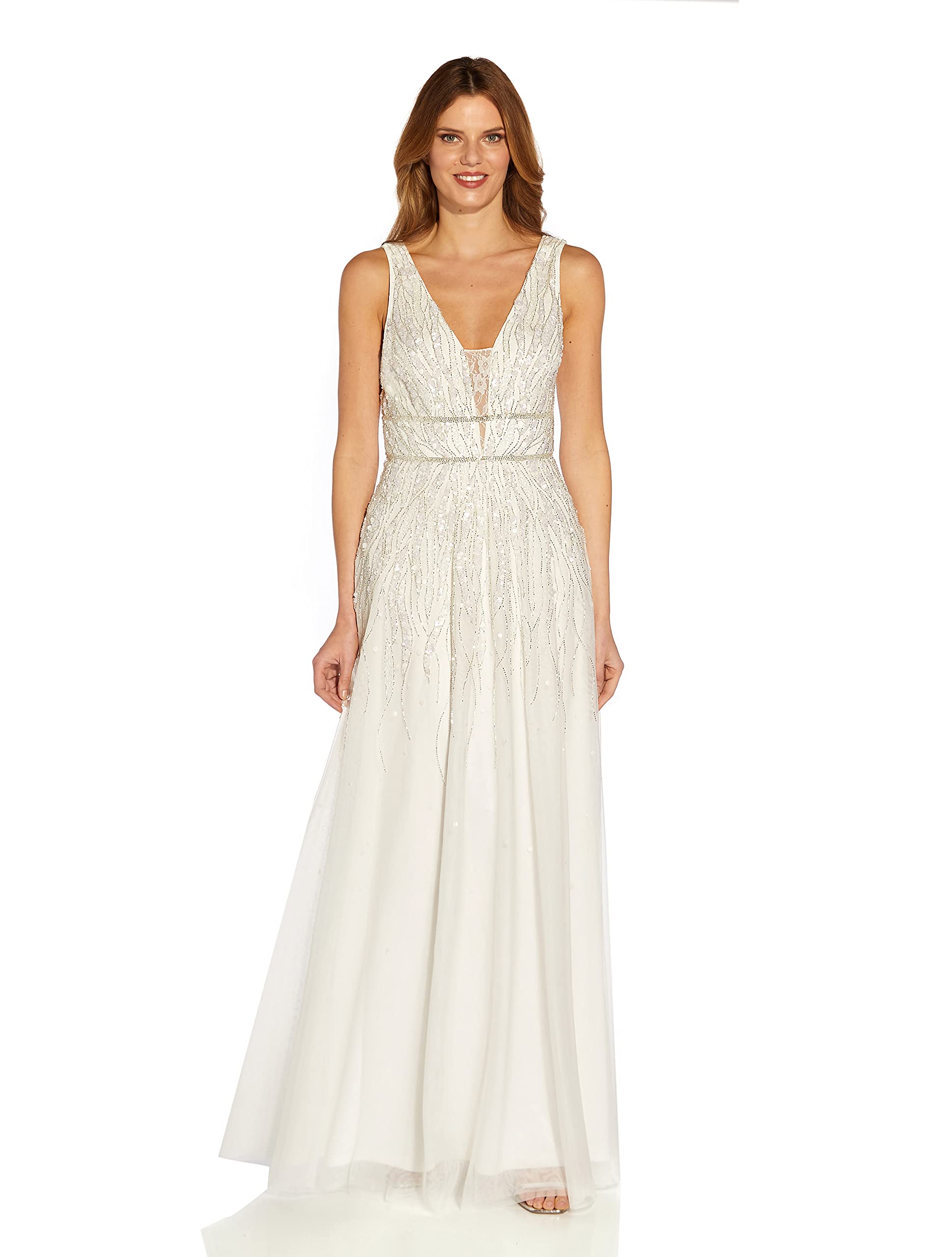 Adrianna Papell Women's Elegant Beaded Mesh Chiffon Evening Gown for Prom, Wedding & Formal Events