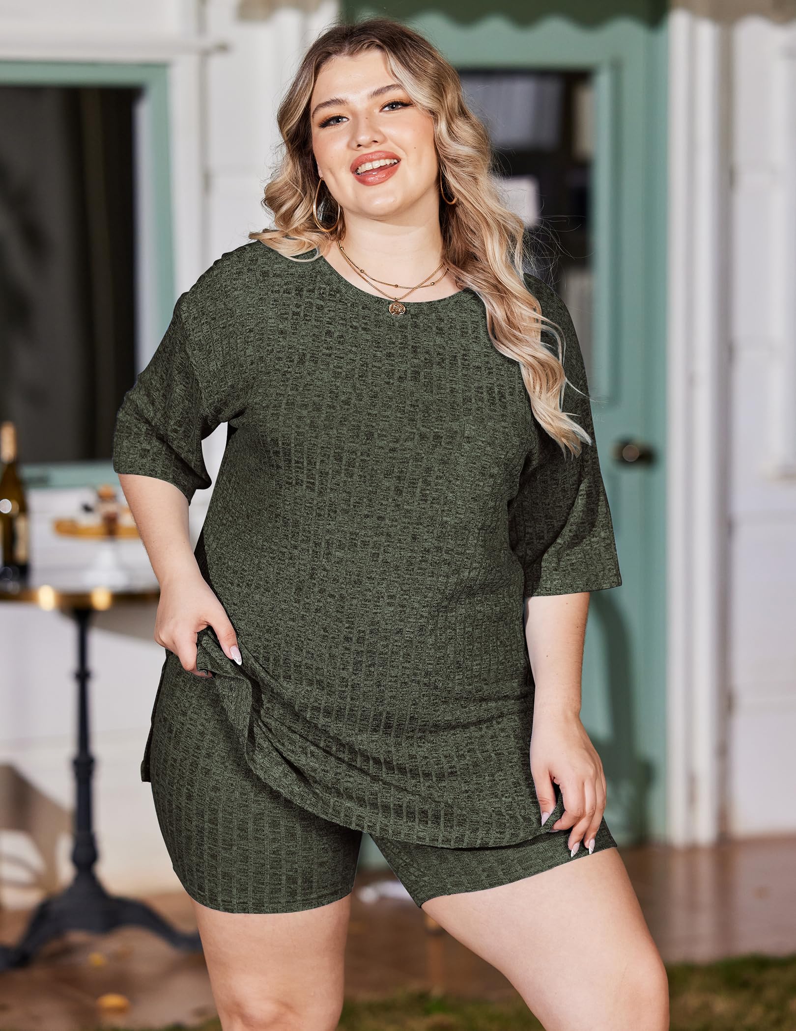 IN'VOLAND Women's Plus Size 2 Piece Ribbed Knit Tracksuit Set - Short Sleeve Top & Drawstring Casual Shorts - Comfortable Lounge & Workout Outfit for Home, Gym, and Running