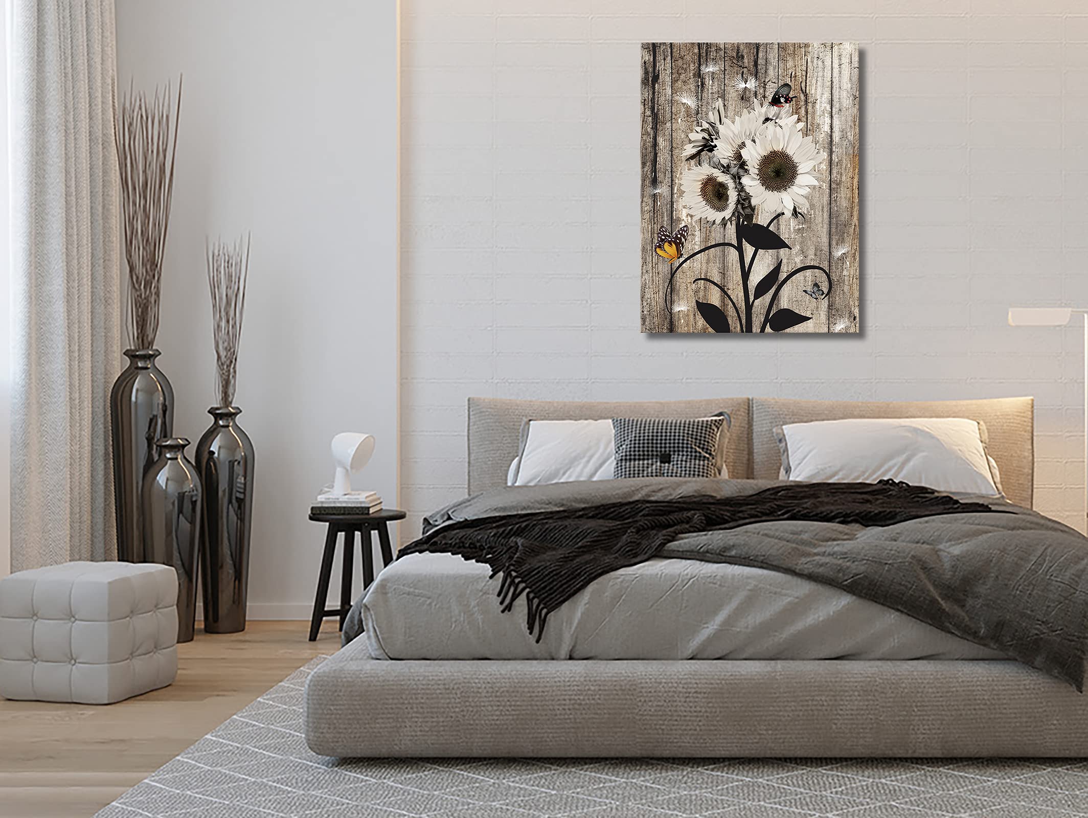 White Sunflower Butterfly Wall Art Canvas - Rustic Farmhouse Wood Decor for Bedroom, Living Room, Kitchen & Office - Country Floral Picture Poster Print - Modern Framed Home Decor Ready to Hang - Perfect for Farmhouse, Boho & Country Style Interiors