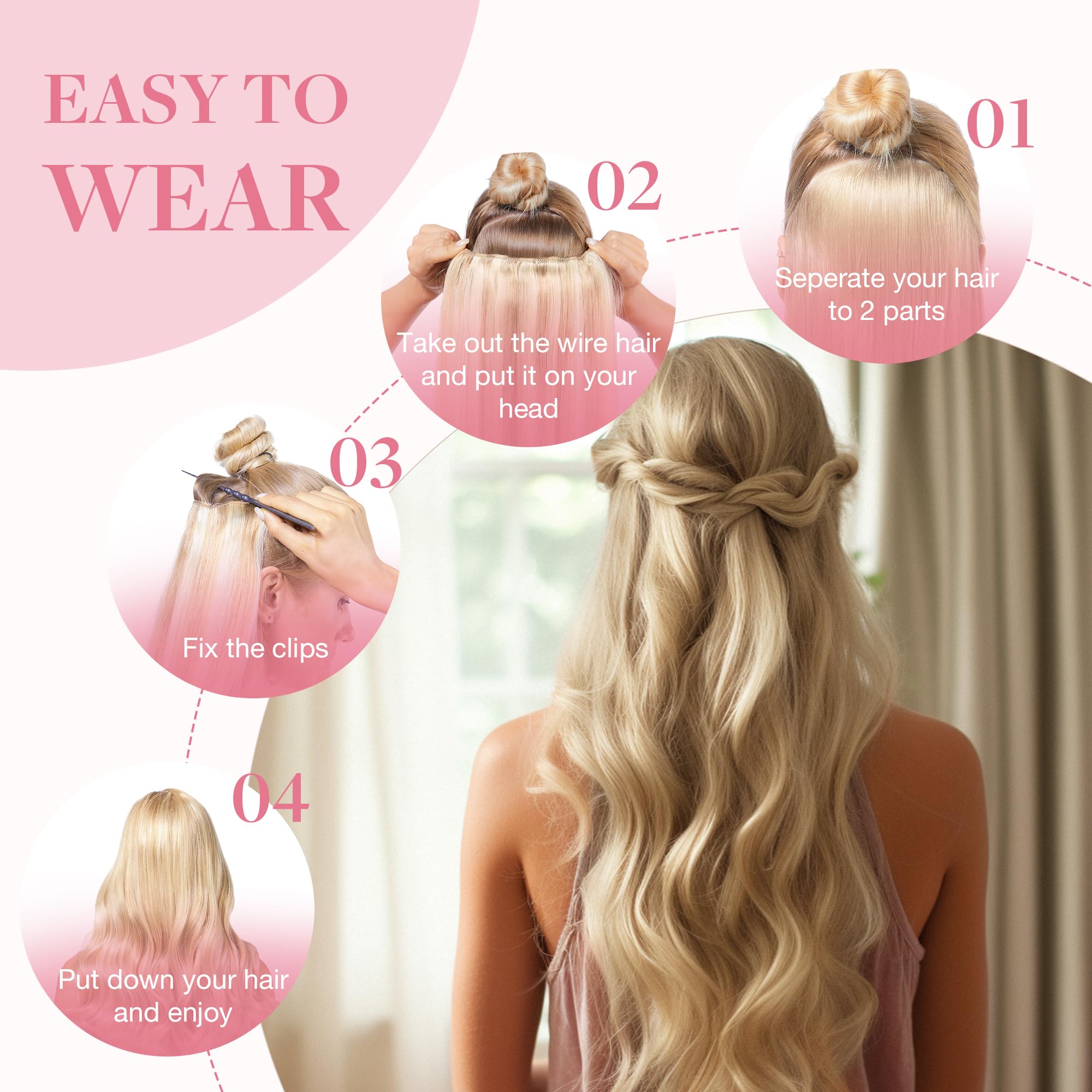 GOO GOO 20Inch 60C Platinum Blonde Human Hair Extensions - 110g Invisible Wire Hairpiece with Transparent Seamless Fish Line for Natural Look | Perfect for Weddings, Parties & Daily Styling