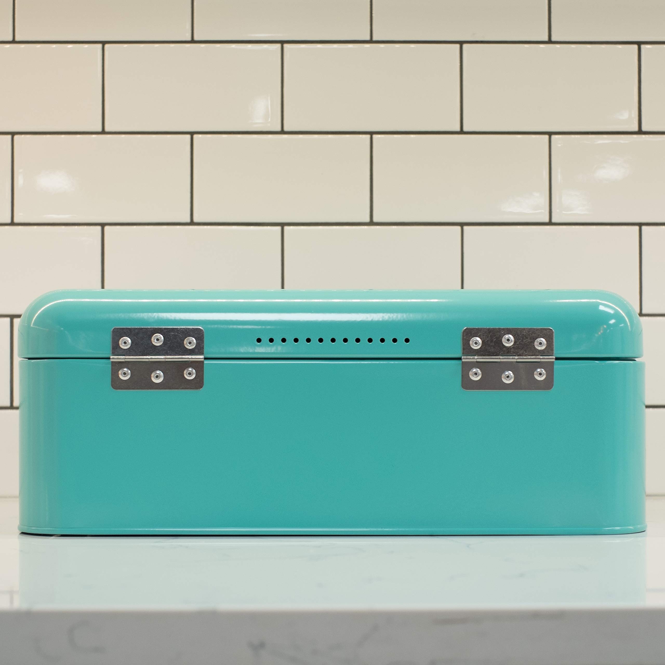 Now Designs Metal Bread Storage Bin - Turquoise, 16x9x6.5 Inches - Perfect for Kitchen Countertop, Pantry Organization & Fresh Bread Storage