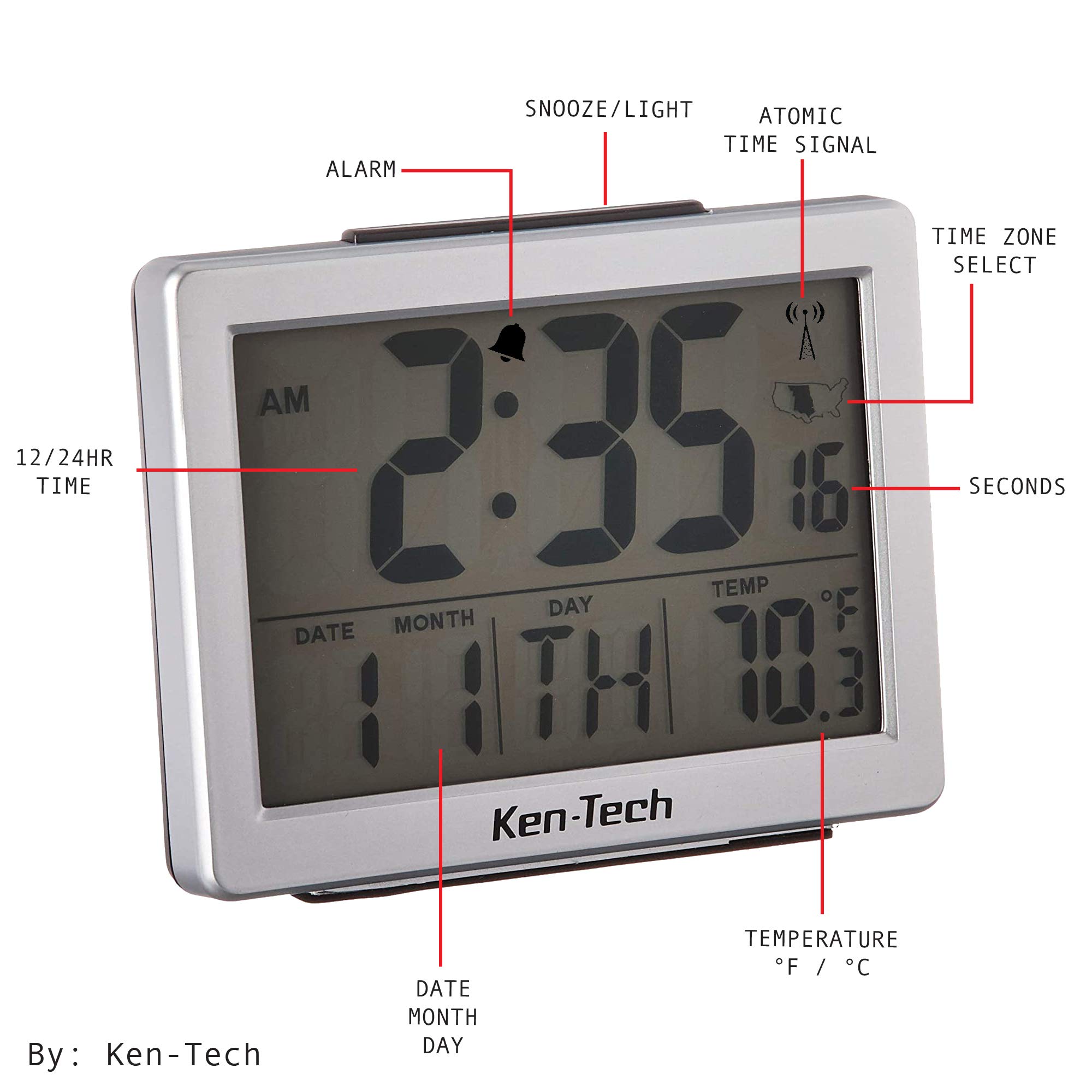 Sonnet Ken-Tech T-4652 Atomic Radio Controlled Digital Alarm Clock with 1.5-Inch LCD Display & Blue Backlight - Perfect for Bedroom, Office, and Travel Use