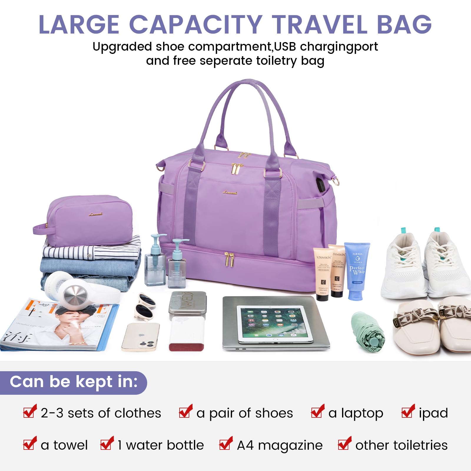 LOVEVOOK Gym Bag for Women - Travel Duffel Bag with USB Charging Port & Shoe Compartment | Weekender Overnight Bag, Toiletry Organizer & Hospital Delivery Bag | Perfect for Workouts, Travel & Maternity Use