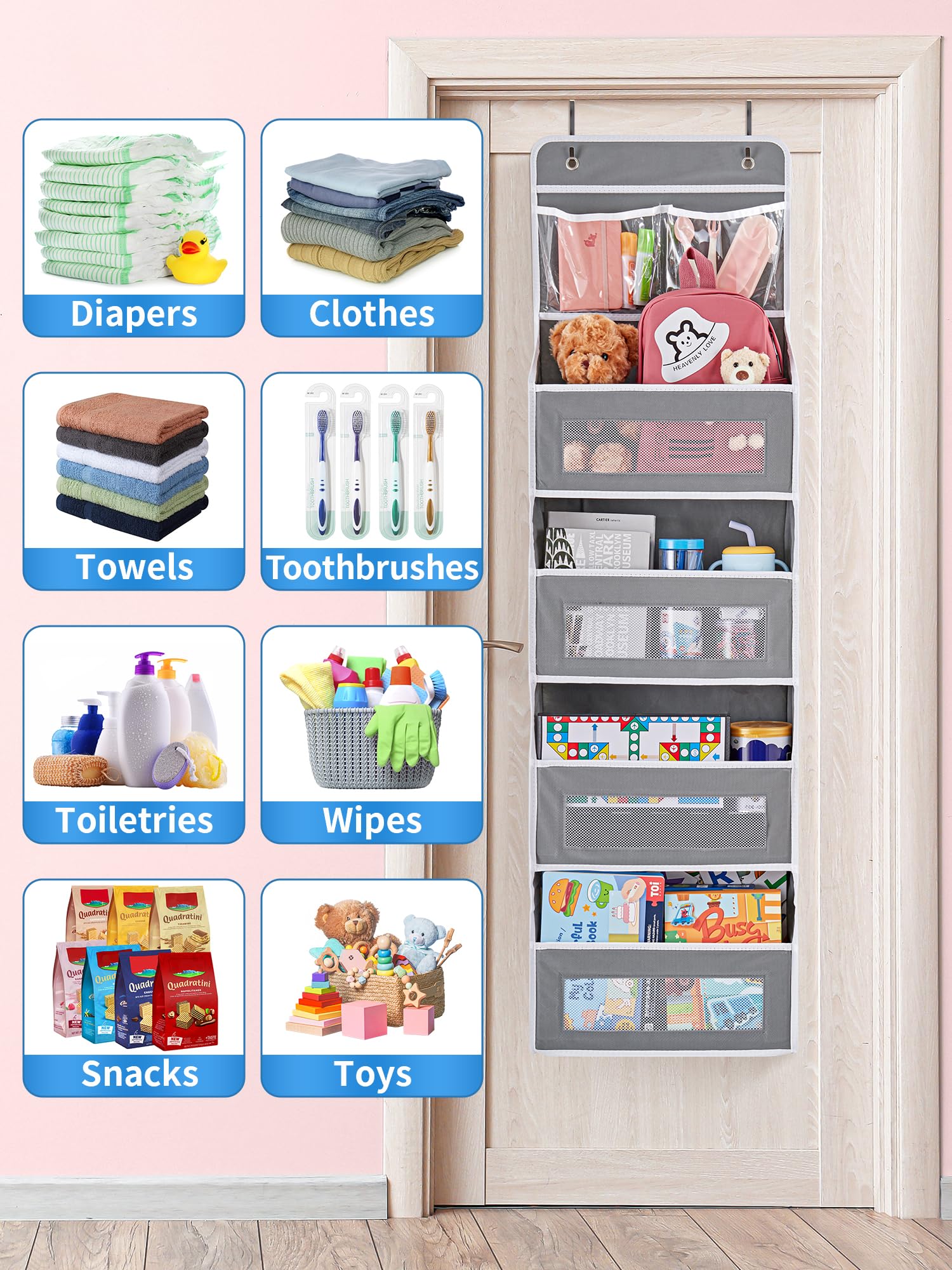 JARLINK 5-Shelf Over Door Organizer with Clear Window - Heavy Duty Hanging Storage (50 lbs Capacity) - Perfect for Bedroom, Bathroom, Nursery, Pantry & Toy Organization - Space-Saving Grey Storage Solution for Diapers, Toys & Household Items
