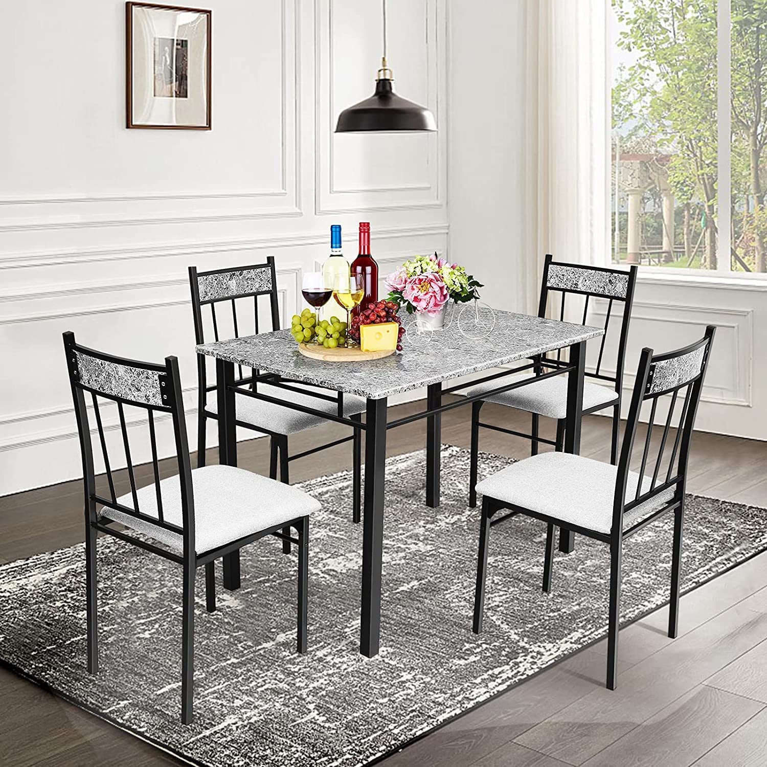 Modern 5-Piece Marble Dining Table Set with Sponge Cushion - Kitchen & Dining Room Furniture for Apartment, Restaurant, Living Room | Perfect for Family Gatherings, Dinner Parties & Small Space Dining
