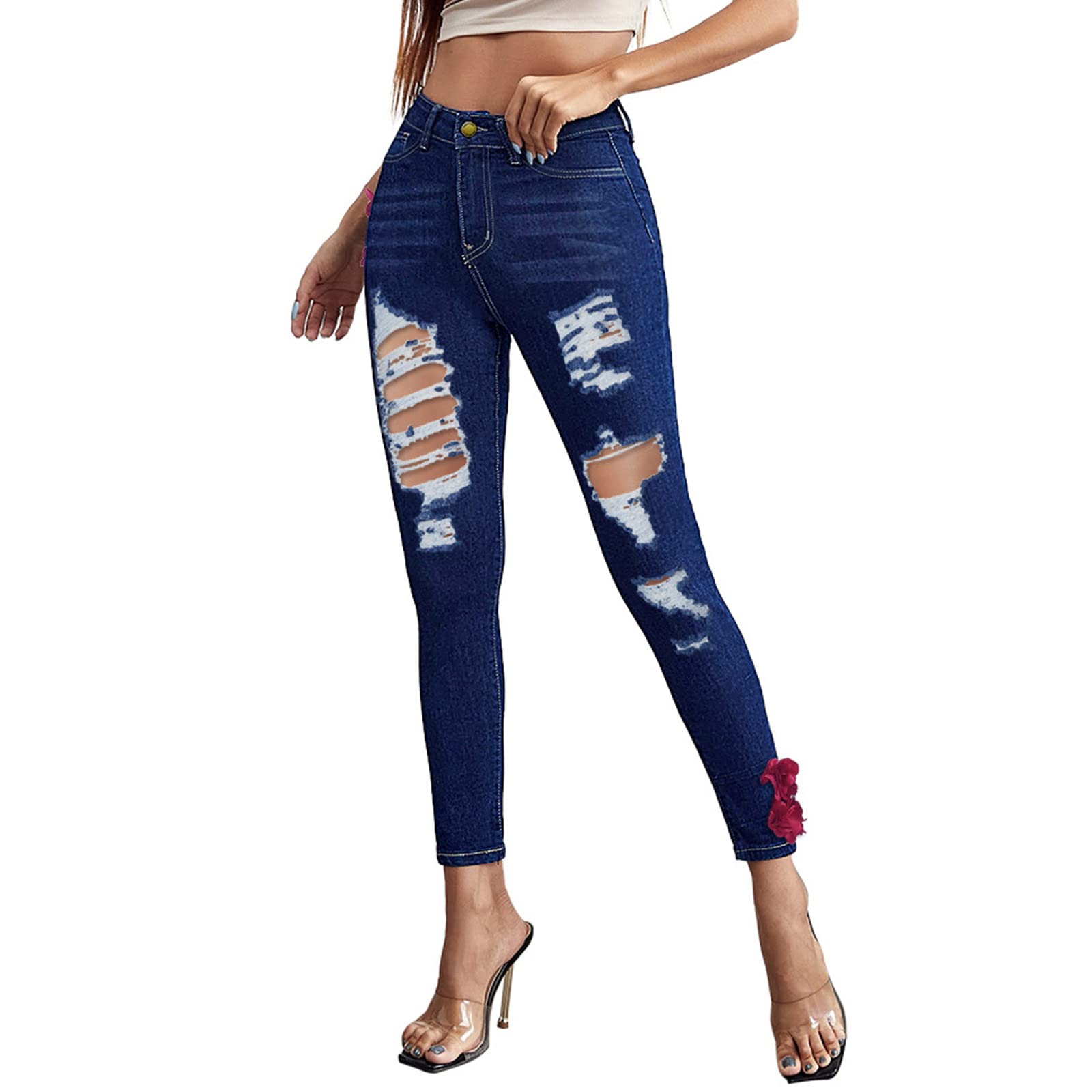Petite Curvy Skinny Jeans for Women - Ripped High Waisted Stretch Denim Pants with Studded Rose Details | Perfect for Casual Outfits, Date Nights & Everyday Wear