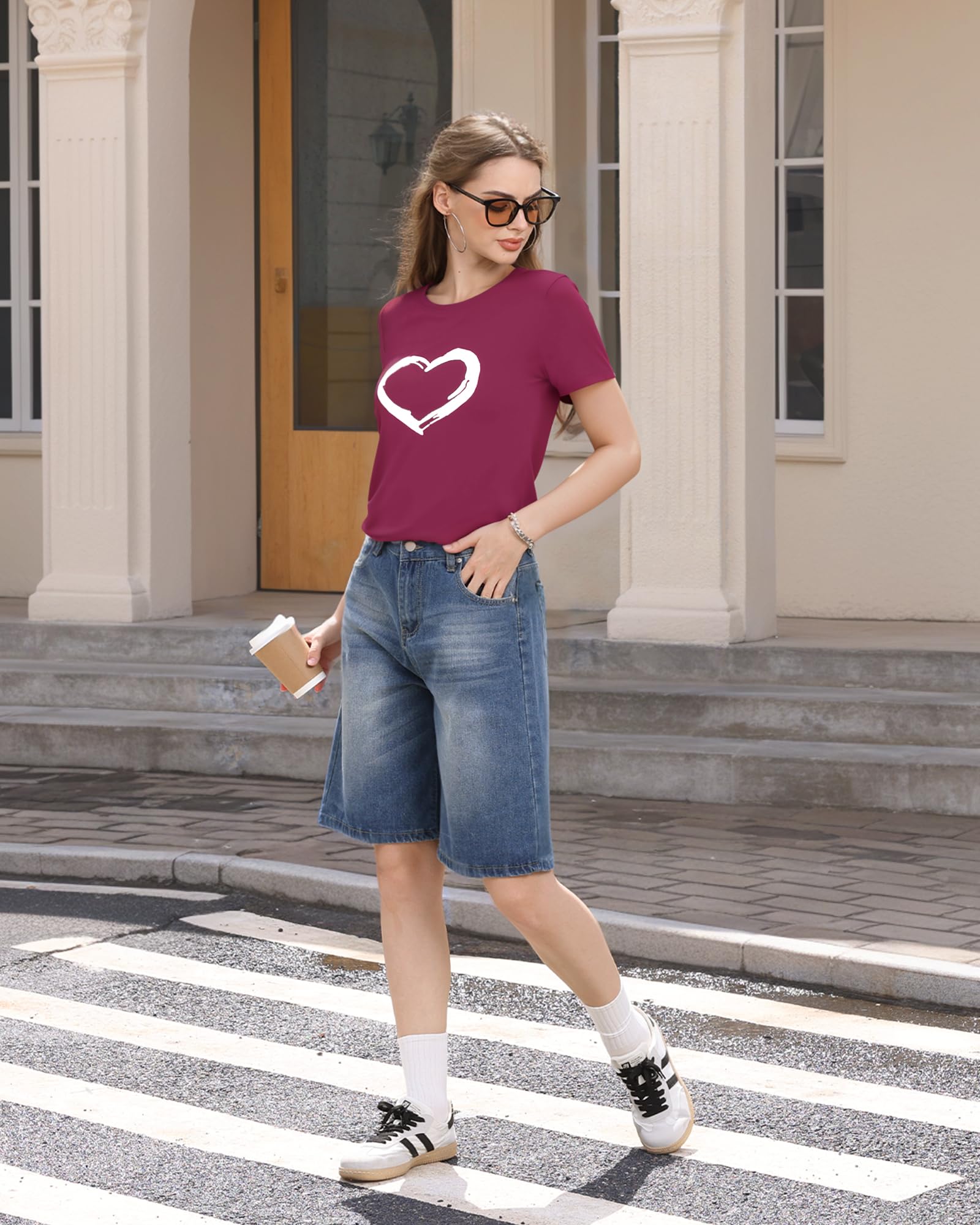 HERLOLLYCHIPS Women's Cute Heart Graphic Crewneck Short Sleeve T-Shirt - Regular Fit Casual Top for Everyday Wear, Dating & Weekend Outfits