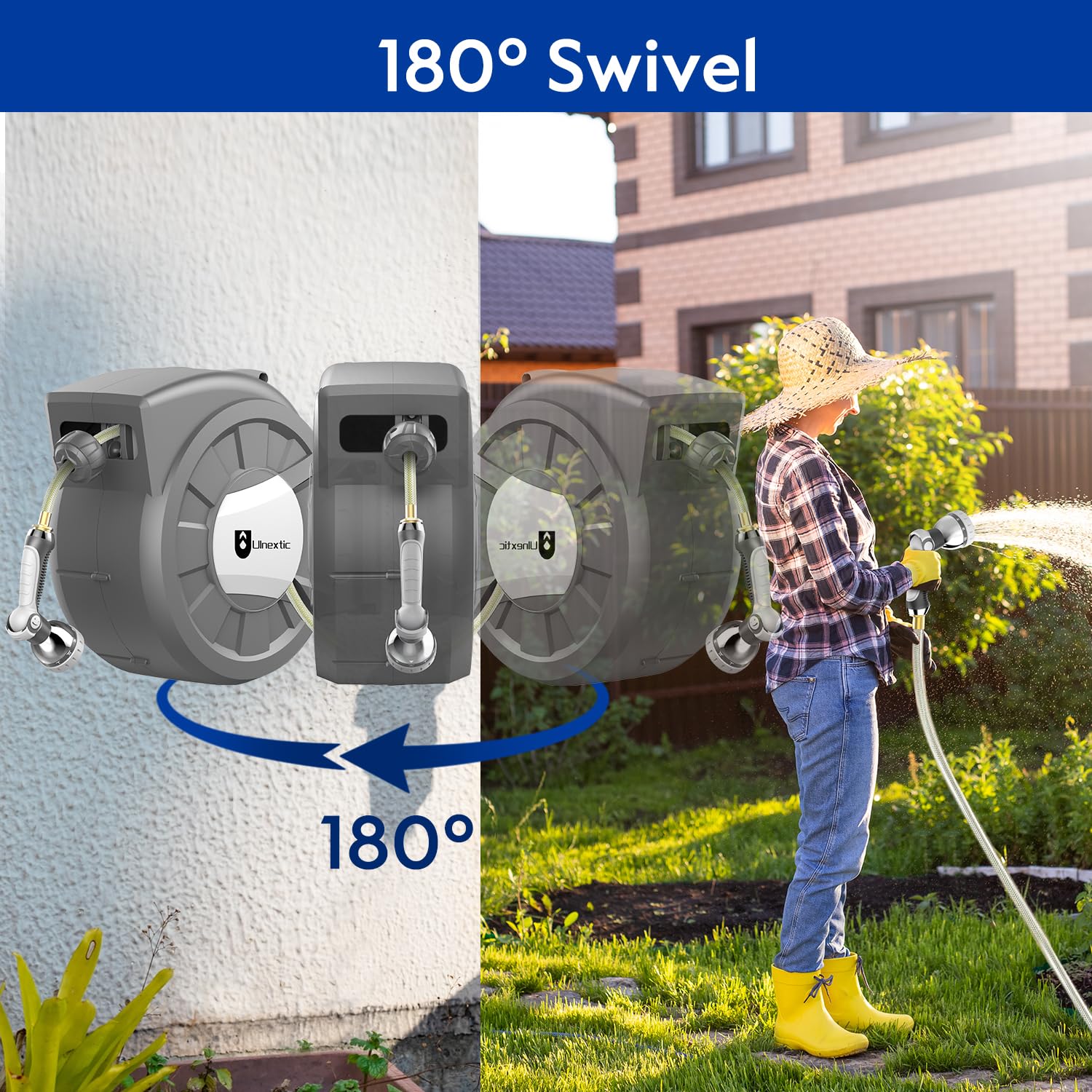 Retractable Garden Hose Reel - 1/2 Inch x 100 Feet Wall Mounted Water Hose with 10-Pattern Spray Nozzle, Any Length Lock & Slow Return System, 180° Swivel Bracket - Perfect for Lawn Care, Car Washing, and Outdoor Cleaning