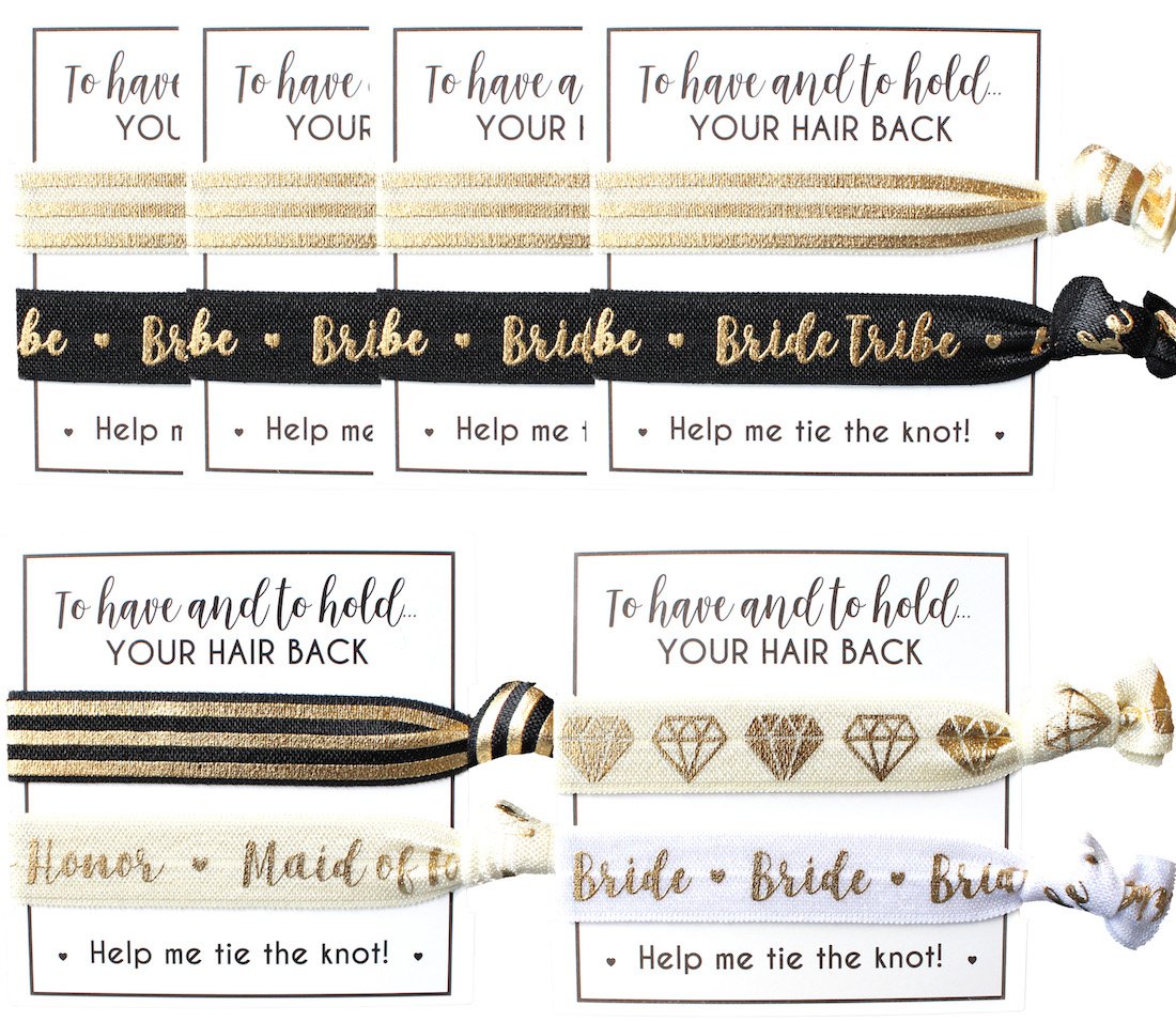Bride Tribe Hair Tie Cards - Elegant Wedding Hair Accessories for Bridesmaids (6-Pack, Black & Gold) | Perfect for Bachelorette Parties, Wedding Showers & Bridal Favors - Keep Your Hair Stylish & Secure