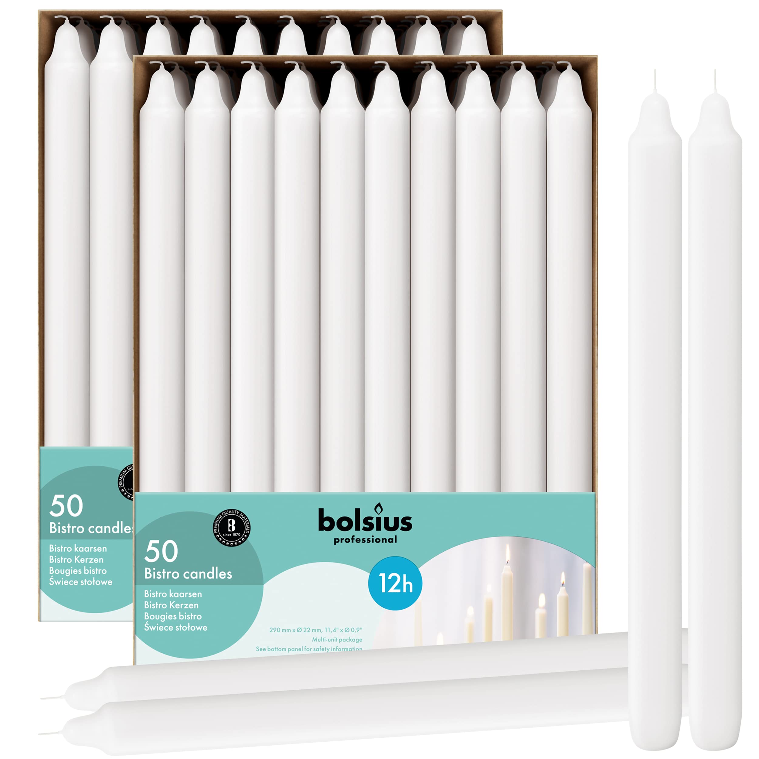 BOLSIUS 100-Pack Unscented White Emergency Candles - 12 Inch Long, 12 Hour Burn Time - Perfect for Power Outages, Weddings, Christmas Decor, Dinner Tables & Home Decor