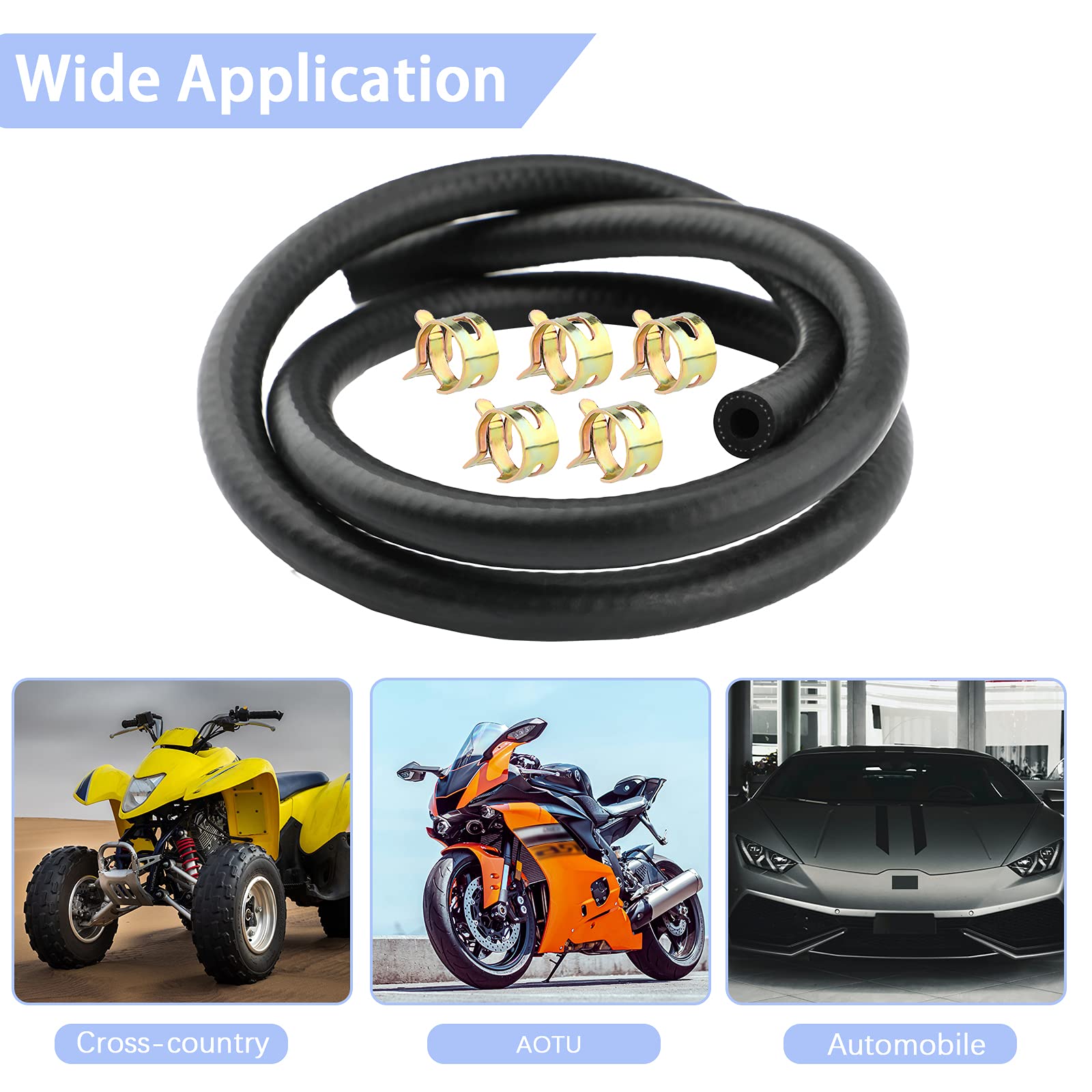 SAVITA 3.28 Ft 1/4 Inch ID Fuel Line Hose Kit with 5 Hose Clamps - Compatible with Motorcycles, Cars, Tractors & Small Engines - Durable Gasoline Fuel Pipe for Automotive Repair & Maintenance