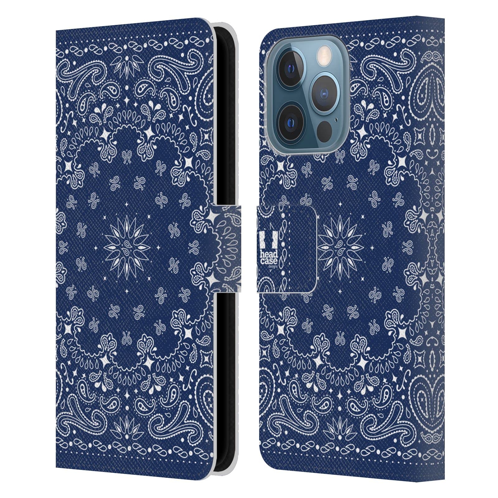 Head Case Designs Blue Classic Paisley Bandana Leather Book Wallet Case Cover for Apple iPhone 13 Pro - Perfect for Everyday Protection & Stylish Accessorizing