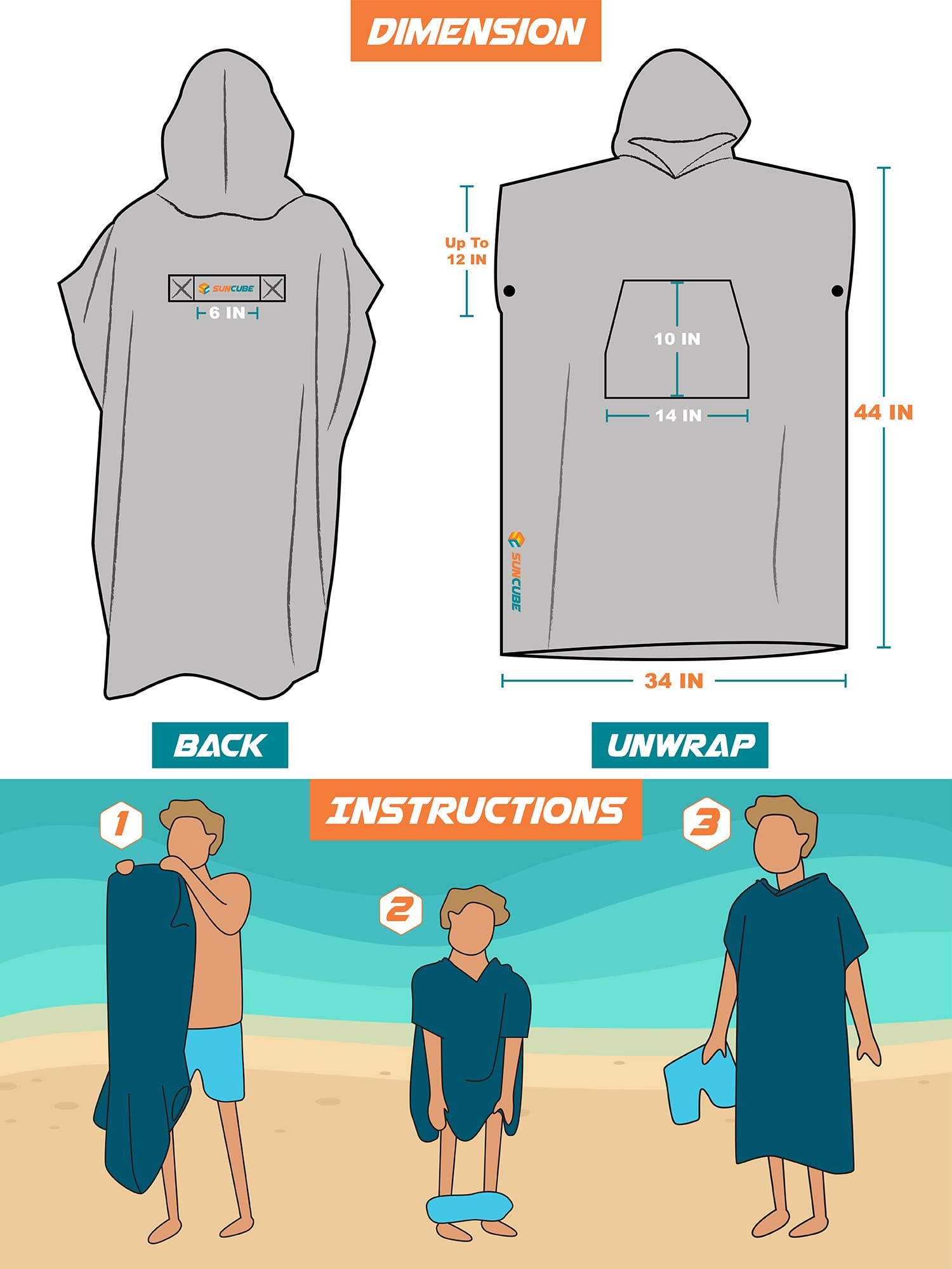 **SUN CUBE Quick-Dry Surf Poncho Changing Robe with Hood & Pocket - Absorbent Microfiber Wetsuit Towel for Men & Women - Perfect for Surfing, Beach, Swimming & Outdoor Activities**