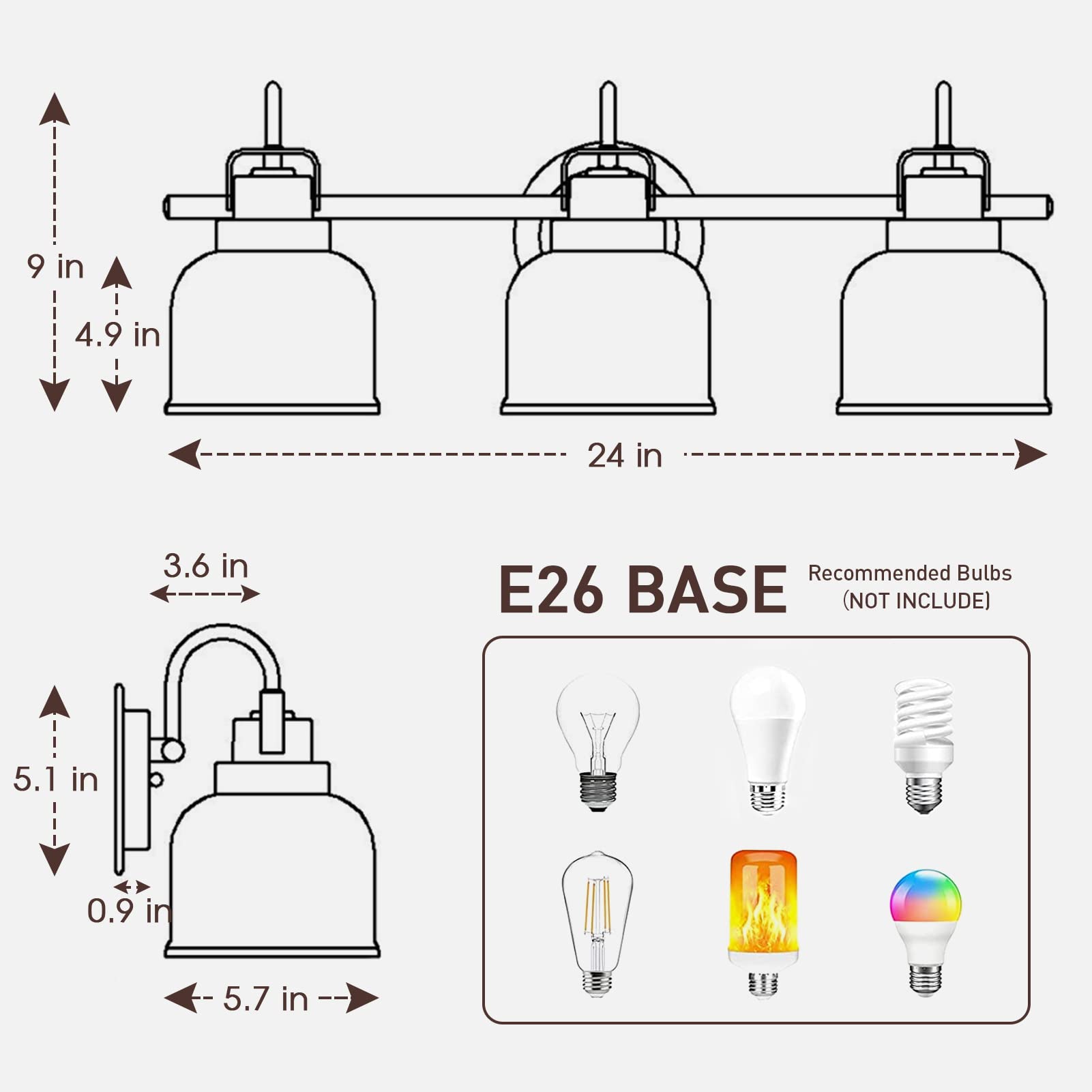 Bronze Bathroom Vanity Lights - 3-Light Fixture with Clear Glass Shade for Bathroom & Living Room