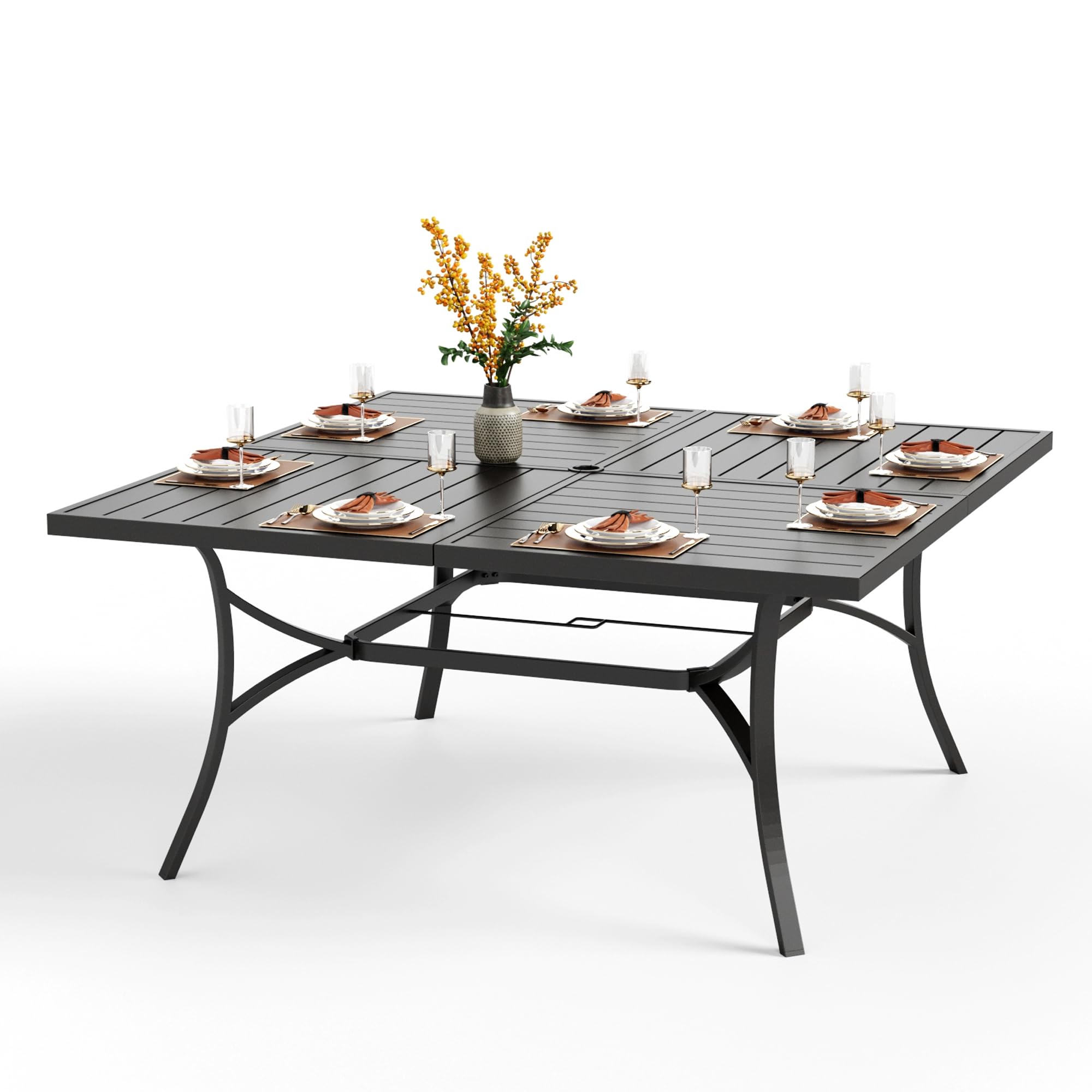 PHI VILLA 60 Inch Large Outdoor Square Dining Table for 8 People - Weather-Resistant Metal Steel Slat Table with Umbrella Hole - Perfect for Patio, Deck, Backyard, Porch & Garden Dining - Black