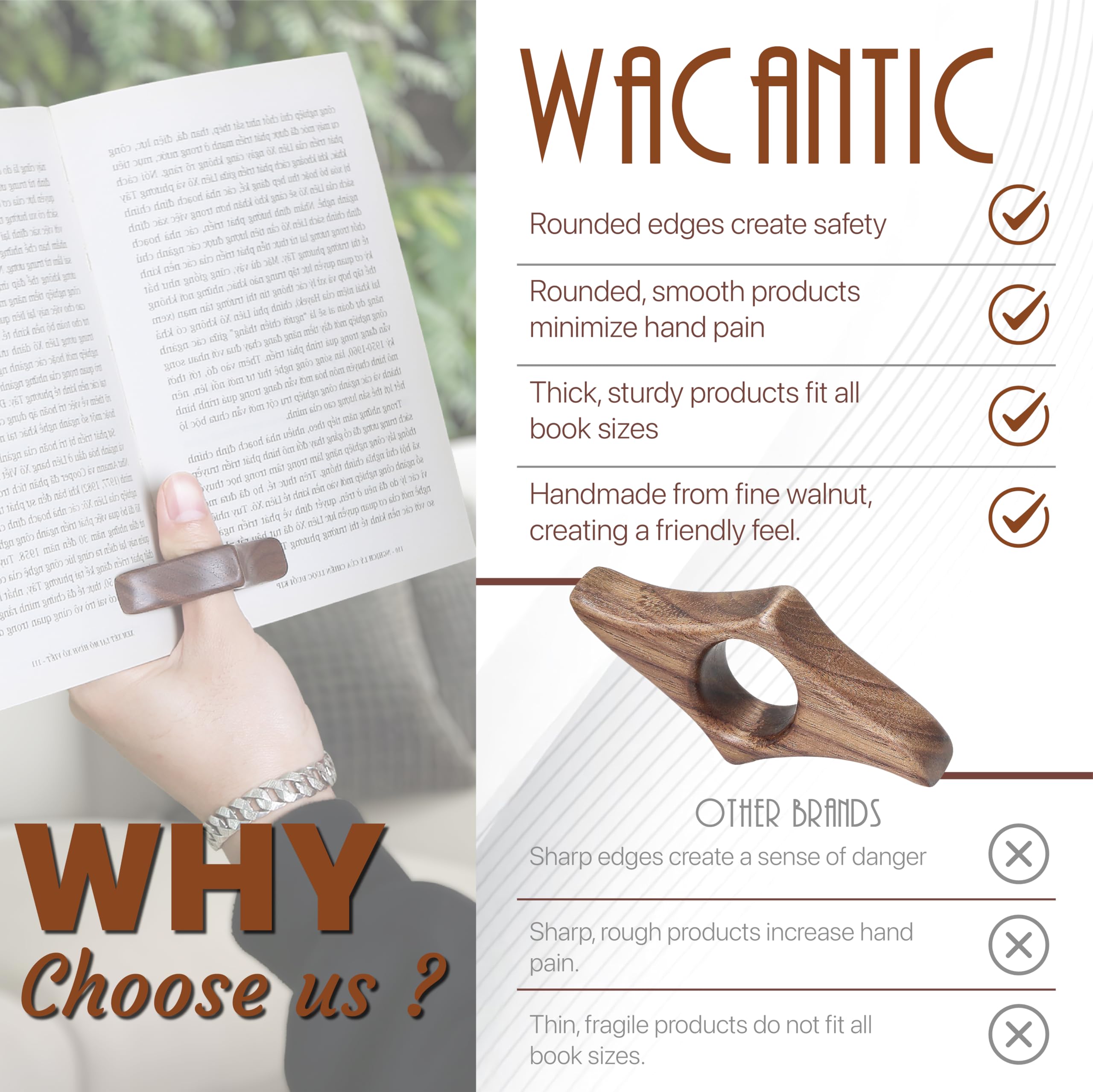 Premium Walnut Book Page Holder - Smooth Finish Wooden Bookmark for Readers | Perfect Reading Accessory & Bookworm Gift for Women & Men | Ideal for Novels, Cookbooks & Bible Reading (Large Size)