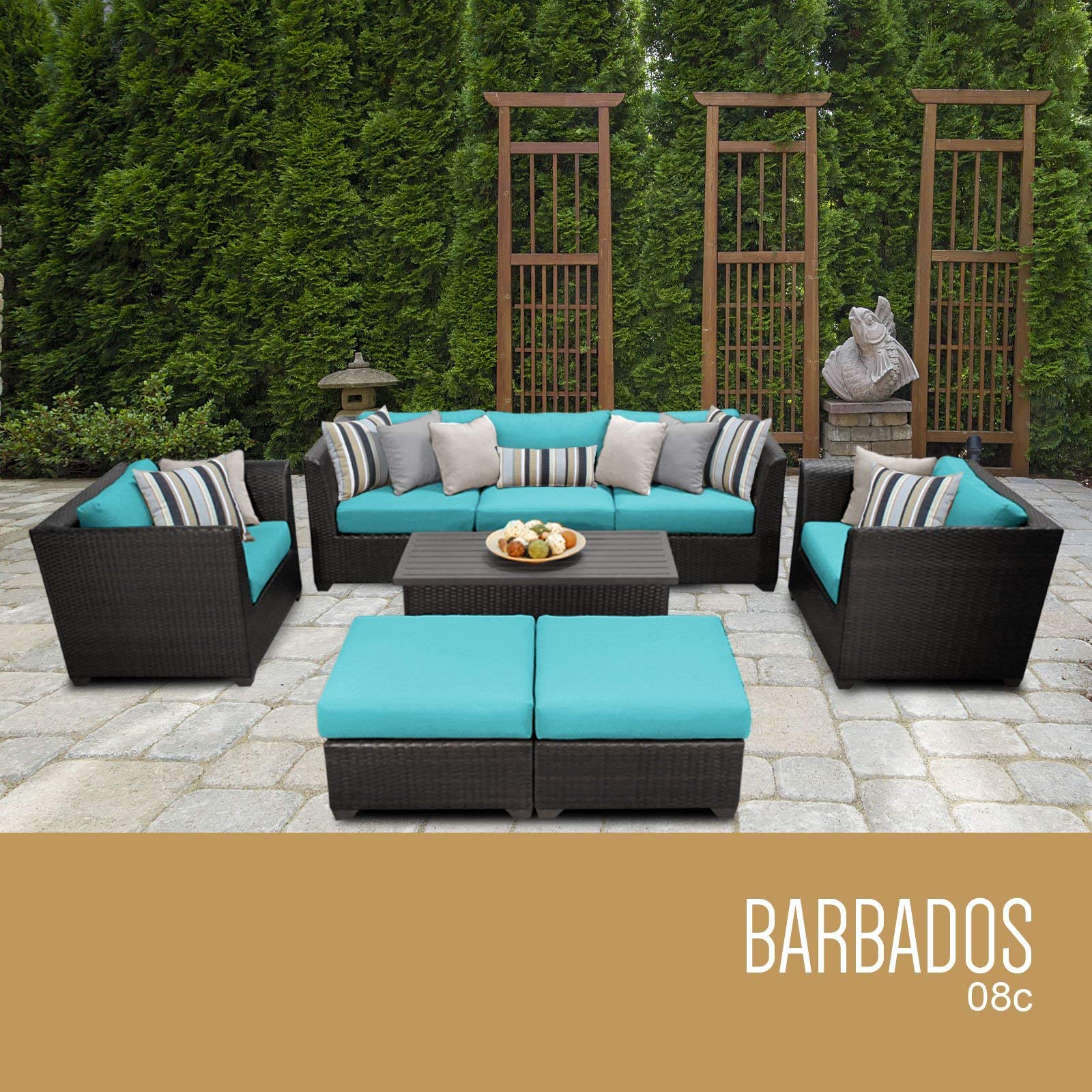 TK Classics BARBADOS-08c-ARUBA 8-Piece Outdoor Wicker Patio Furniture Set - Rattan Sofa, Coffee Table & Chairs - Weather-Resistant for Garden, Poolside & Backyard Relaxation