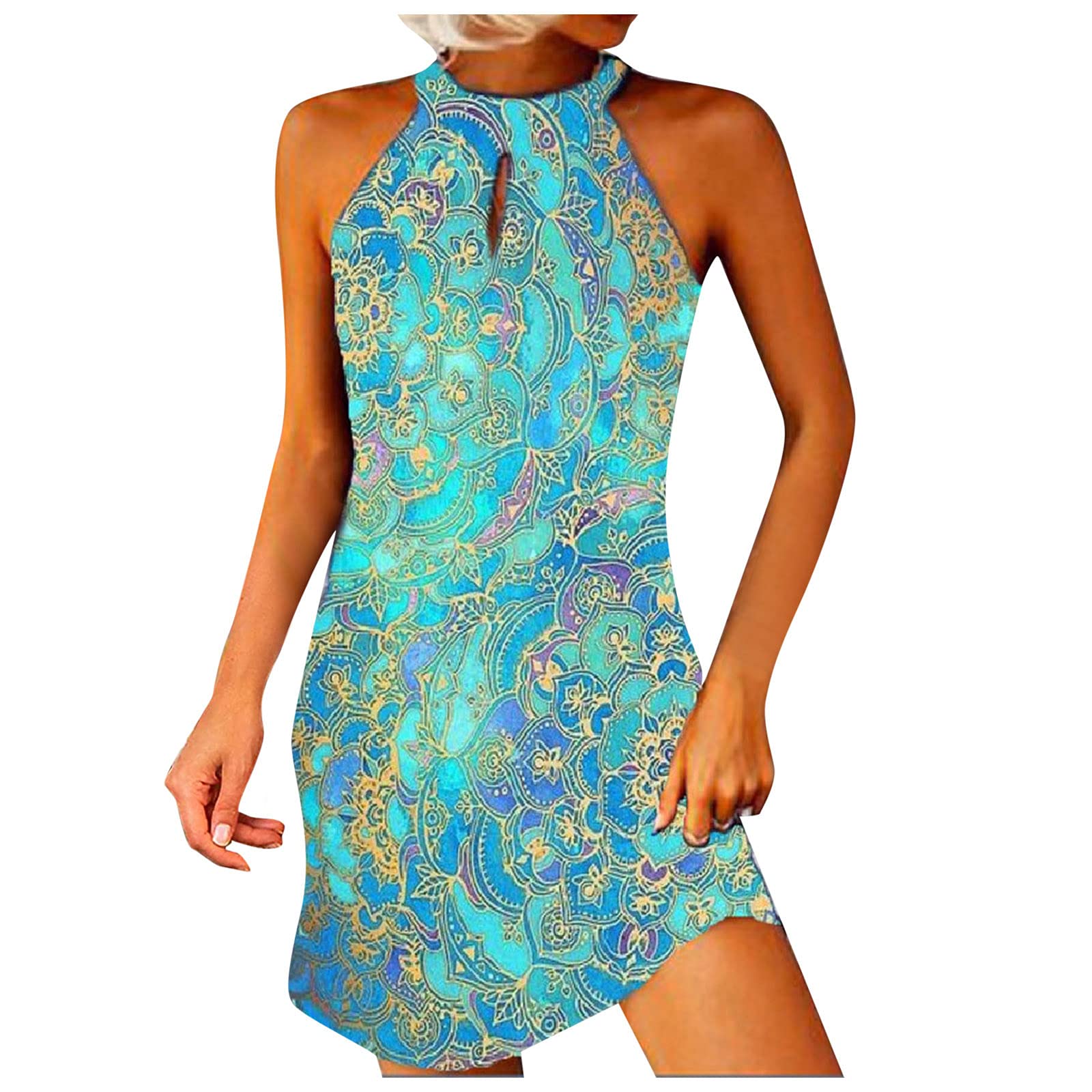 Sunlucky Women's Summer Halter Sleeveless Midi Dress - Flowy Beach Cover Up, Boho Vacation Outfit for Hawaii, Pool Party & Tropical Getaways