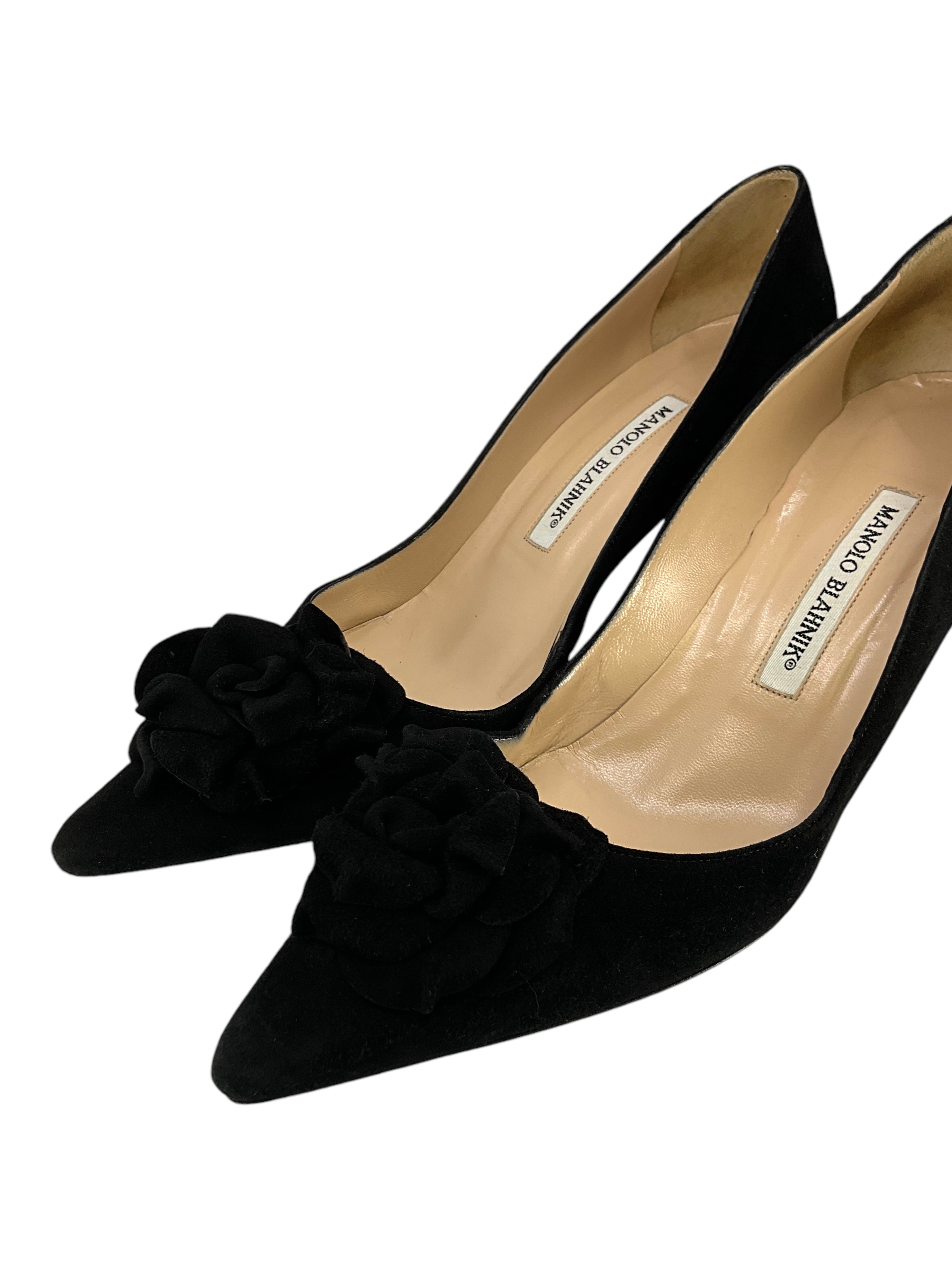Manolo Blahnik Lisa Flower Suede Pumps Women's Size 8.5 - Elegant Heels for Weddings, Parties & Special Occasions